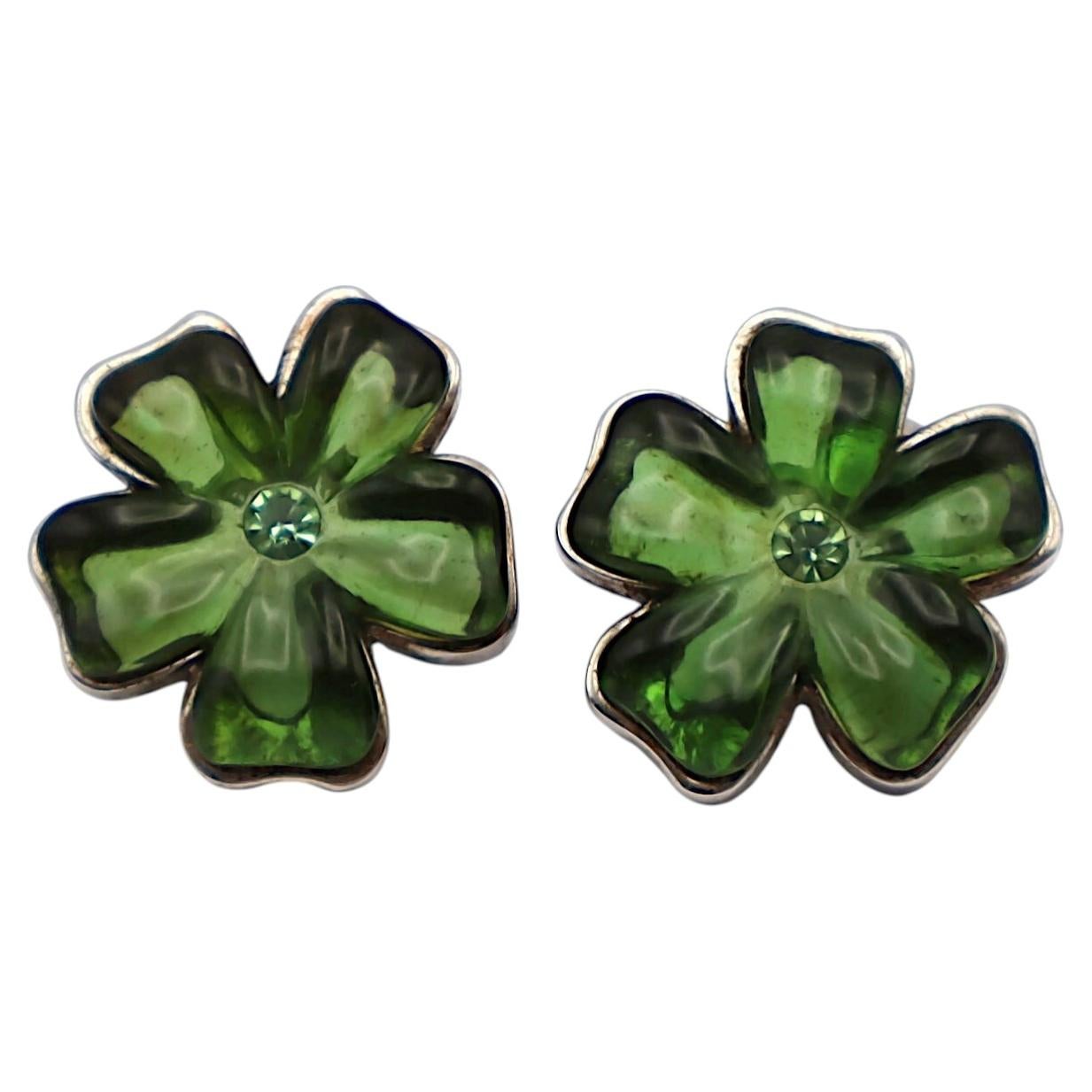 NINA RICCI Pendientes de clip flor de resina verde con joyas vintage en venta