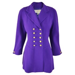 Nina Ricci Vintage Purple Wool Shoulder Padded Mini Pea Coat Jacket, 1980s