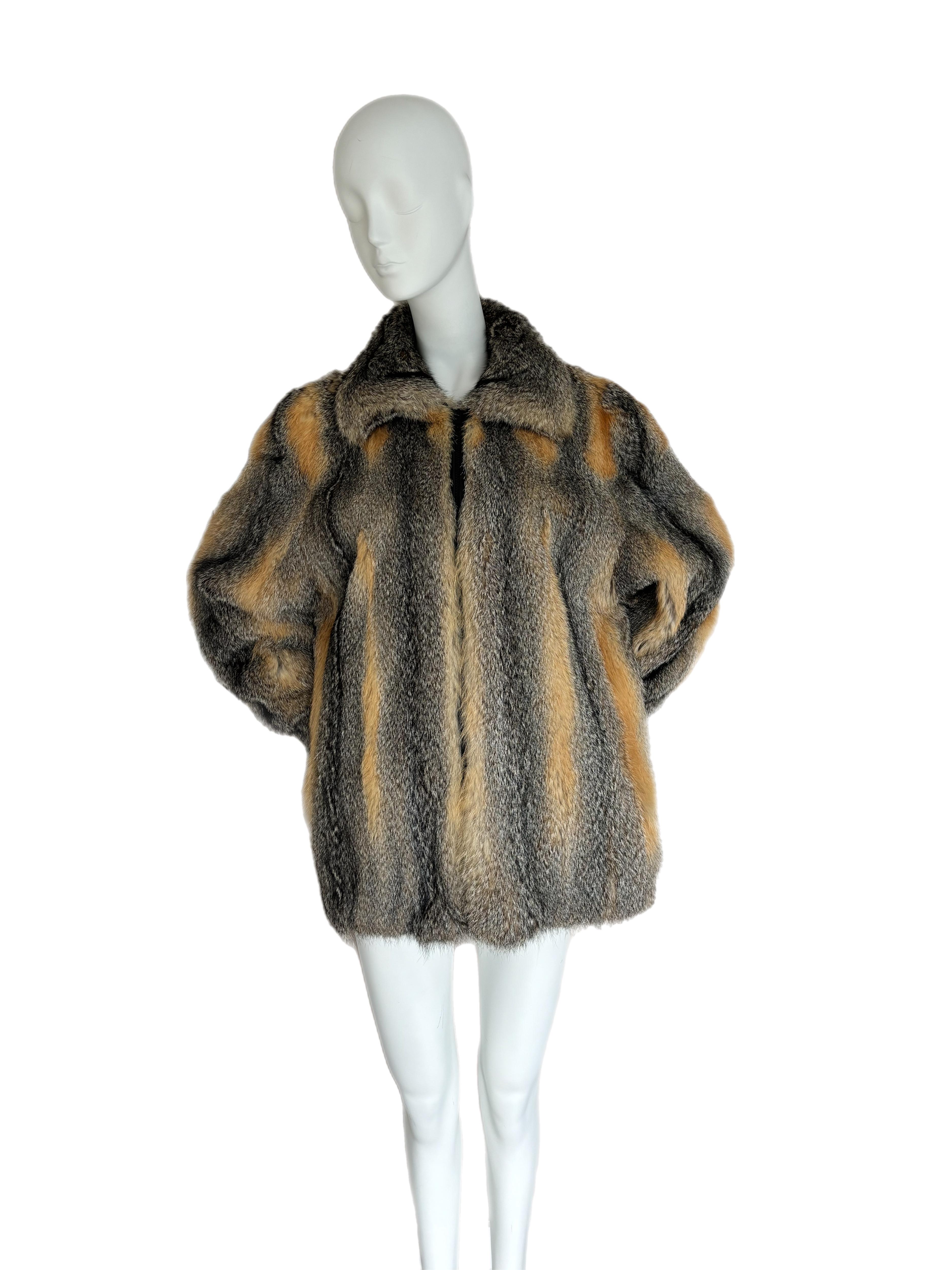 Brown NINA RICCI Vintage Short Fur Coat w. Removable Hood c. 1980's