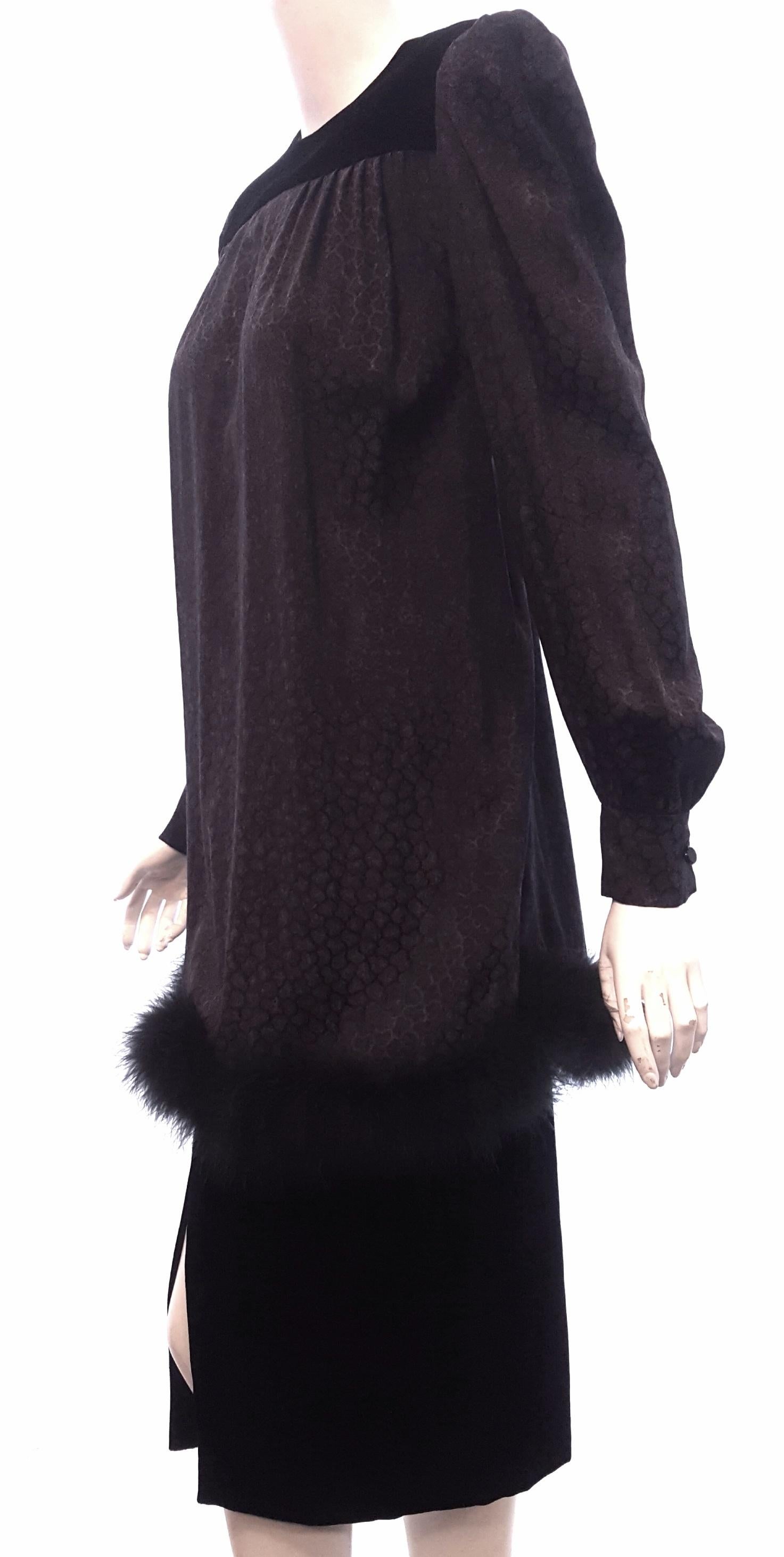 Nina Ricci  Vintage Two Piece Grey Silk Long Sleeve & Black Velvet Skirt Dress  In Good Condition In Palm Beach, FL