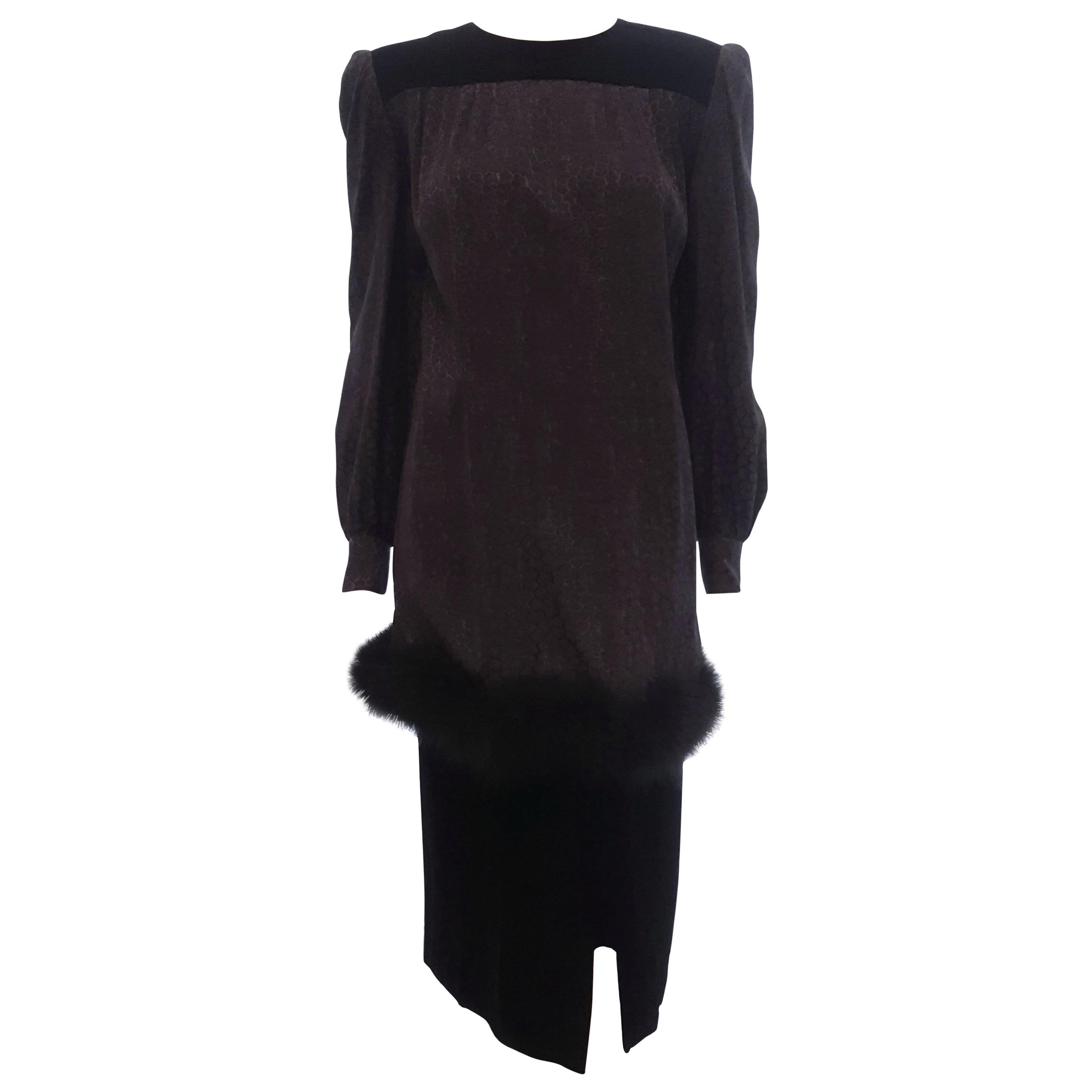 Nina Ricci  Vintage Two Piece Grey Silk Long Sleeve & Black Velvet Skirt Dress 