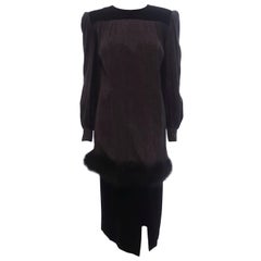 Nina Ricci  Vintage Two Piece Grey Silk Long Sleeve & Black Velvet Skirt Dress 