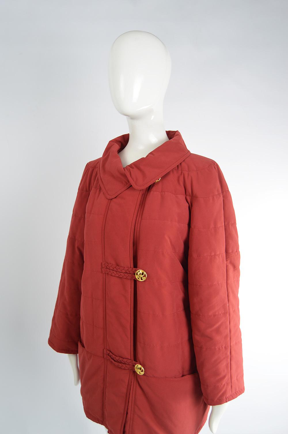 Women's Nina Ricci Vintage Womens Logo Appliqué Red Quilted Puffer Coat, 1980s  For Sale
