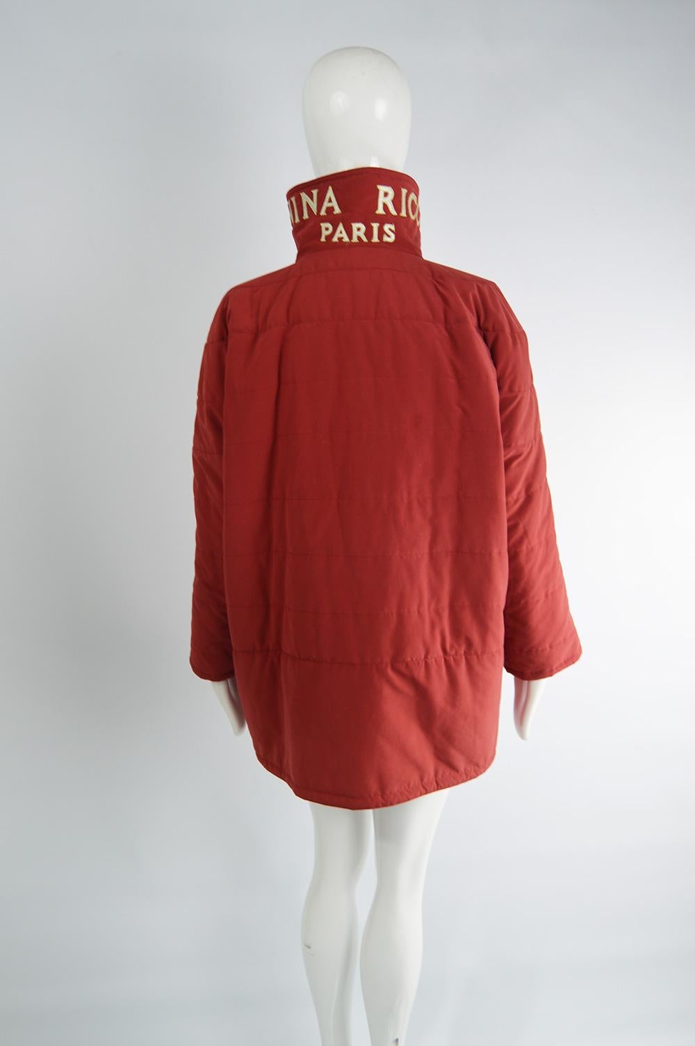 Nina Ricci Vintage Womens Logo Appliqué Red Quilted Puffer Coat, 1980s  For Sale 2
