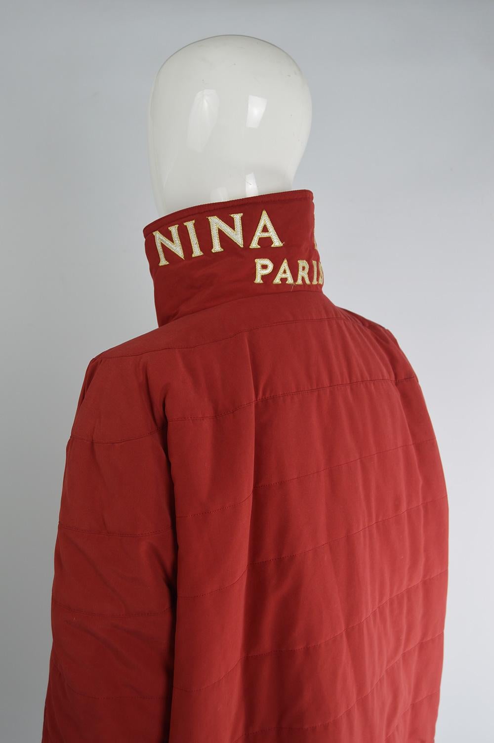 Nina Ricci Vintage Womens Logo Appliqué Red Quilted Puffer Coat, 1980s  For Sale 3