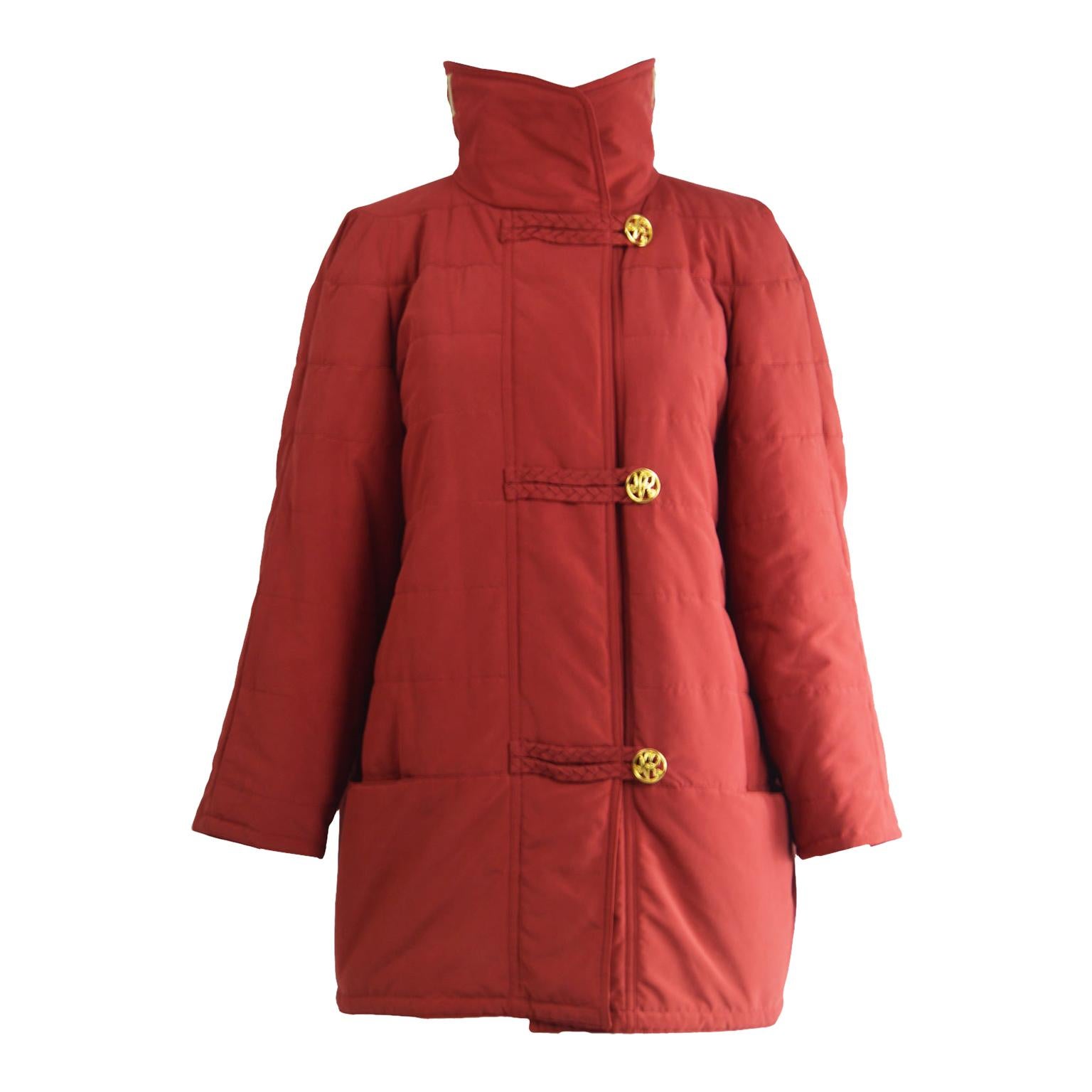 Nina Ricci Vintage Womens Logo Appliqué Red Quilted Puffer Coat, 1980s  For Sale