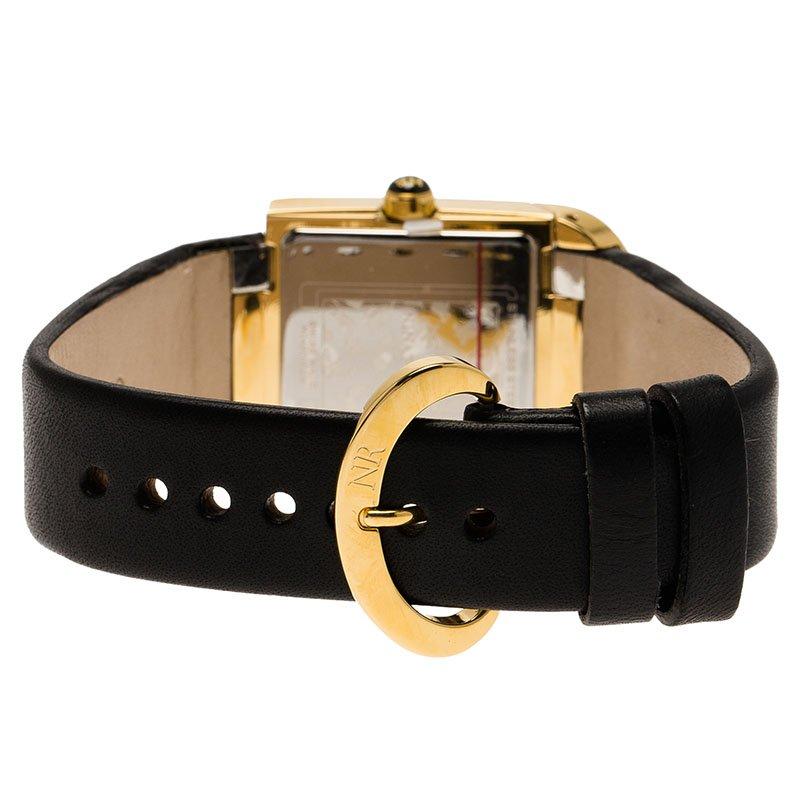 With a keen focus on quality and aesthetics, this watch from Nina Ricci is finely crafted in a gold plated stainless steel. The white dial has golden markers and the black leather strap has an adjustable buckle fastening with the brand initials ‘NR’