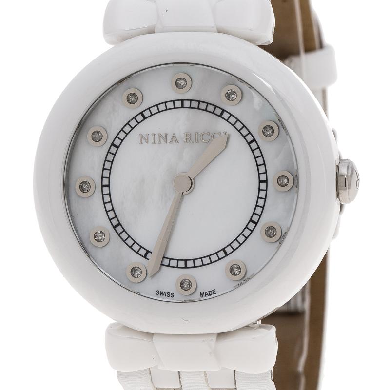 Contemporain Nina Ricci, montre-bracelet pour femme 38 mm en céramique, nacre blanche et diamants