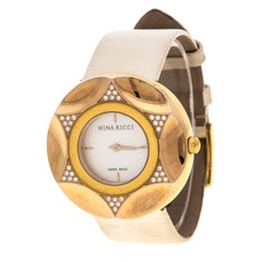 Nina Ricci White Mother Of Pearl Gold Plated Steel Diamonds N024.83 Women's Wris