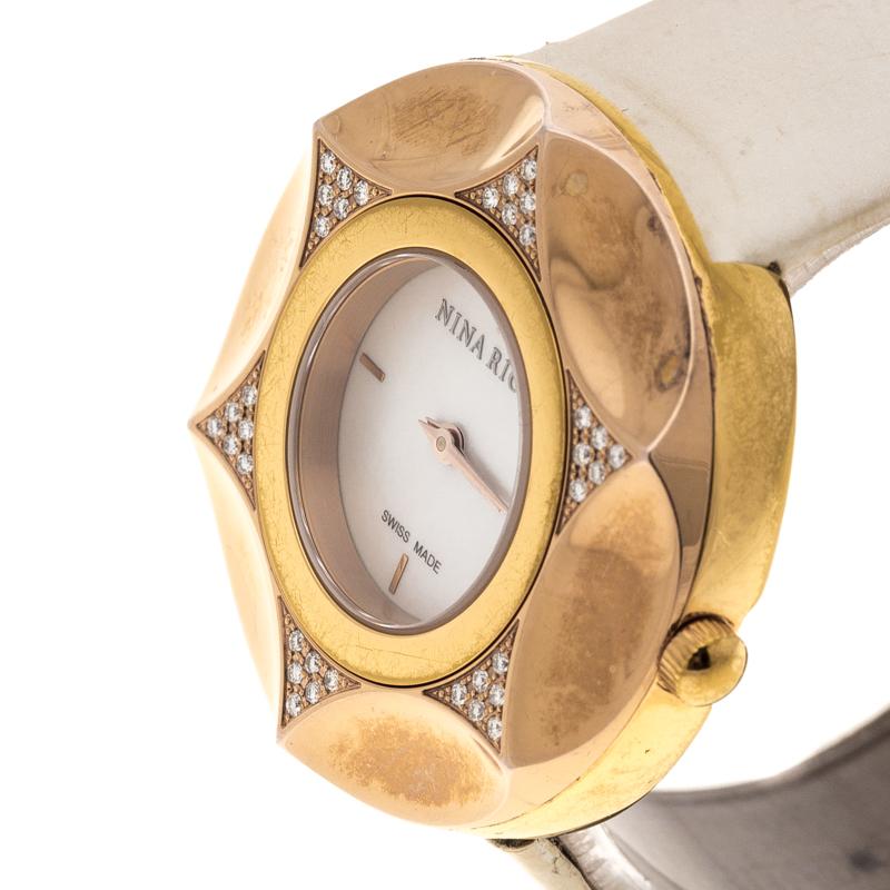 Some watches are all about the aesthetics and exude a sophisticated appeal just like this exquisite one from Nina Ricci. This lovely timepiece is crafted in gold plated steel and has a case diameter of 36mm. It proudly flaunts a white Mother of