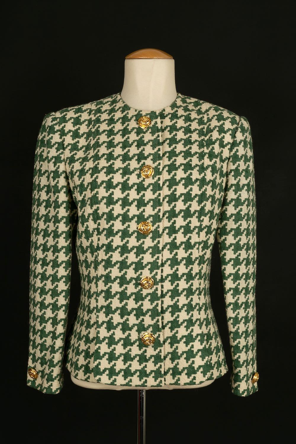 Nina Ricci Woolen Outfit with Green Houndstooth Pattern For Sale 1