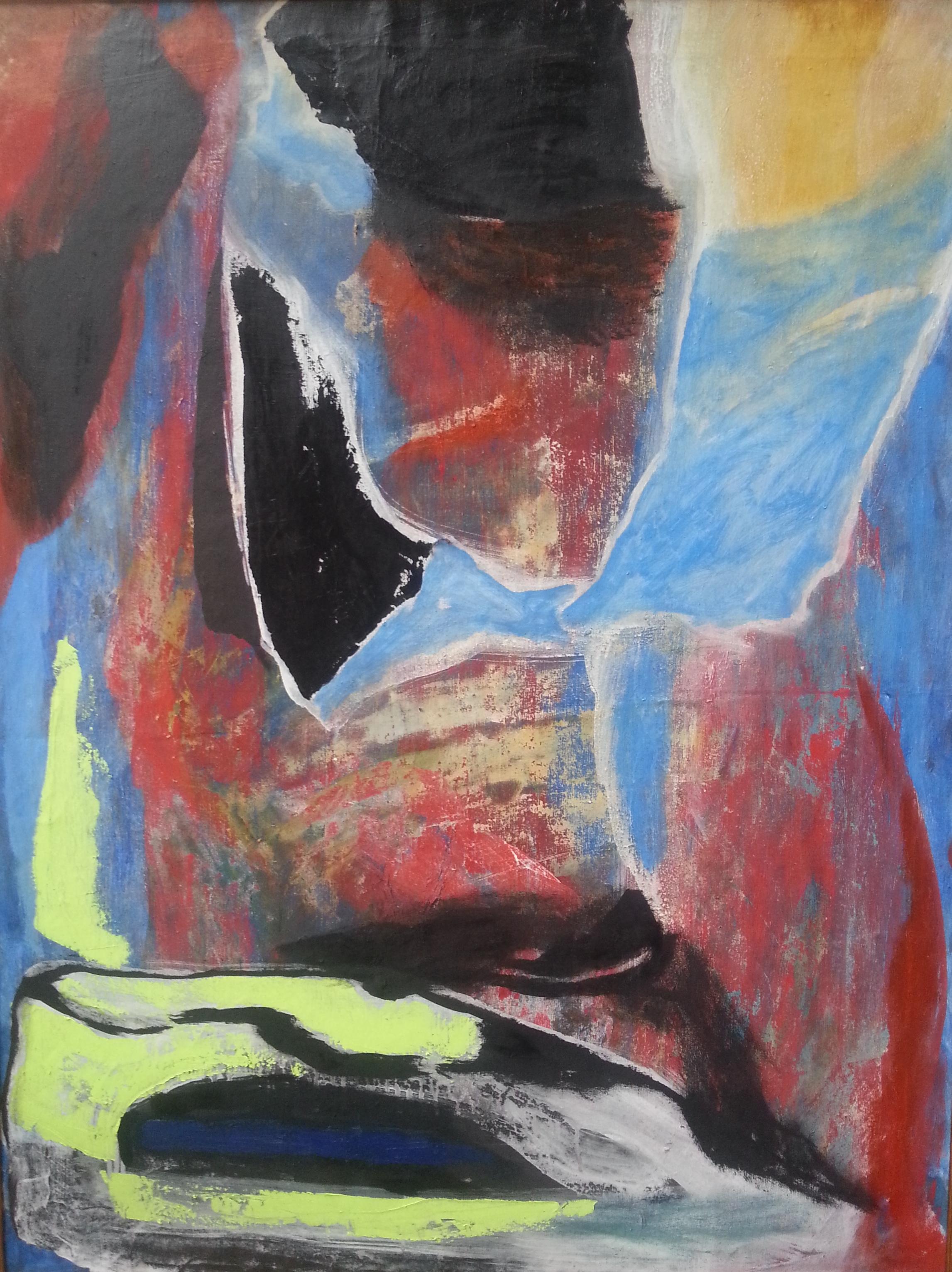 Nina Ruseva Abstract Painting – Abstrakte Komposition 1  - Ölgemälde Rot Gelb Schwarz Beige Blau Weiß Braun
