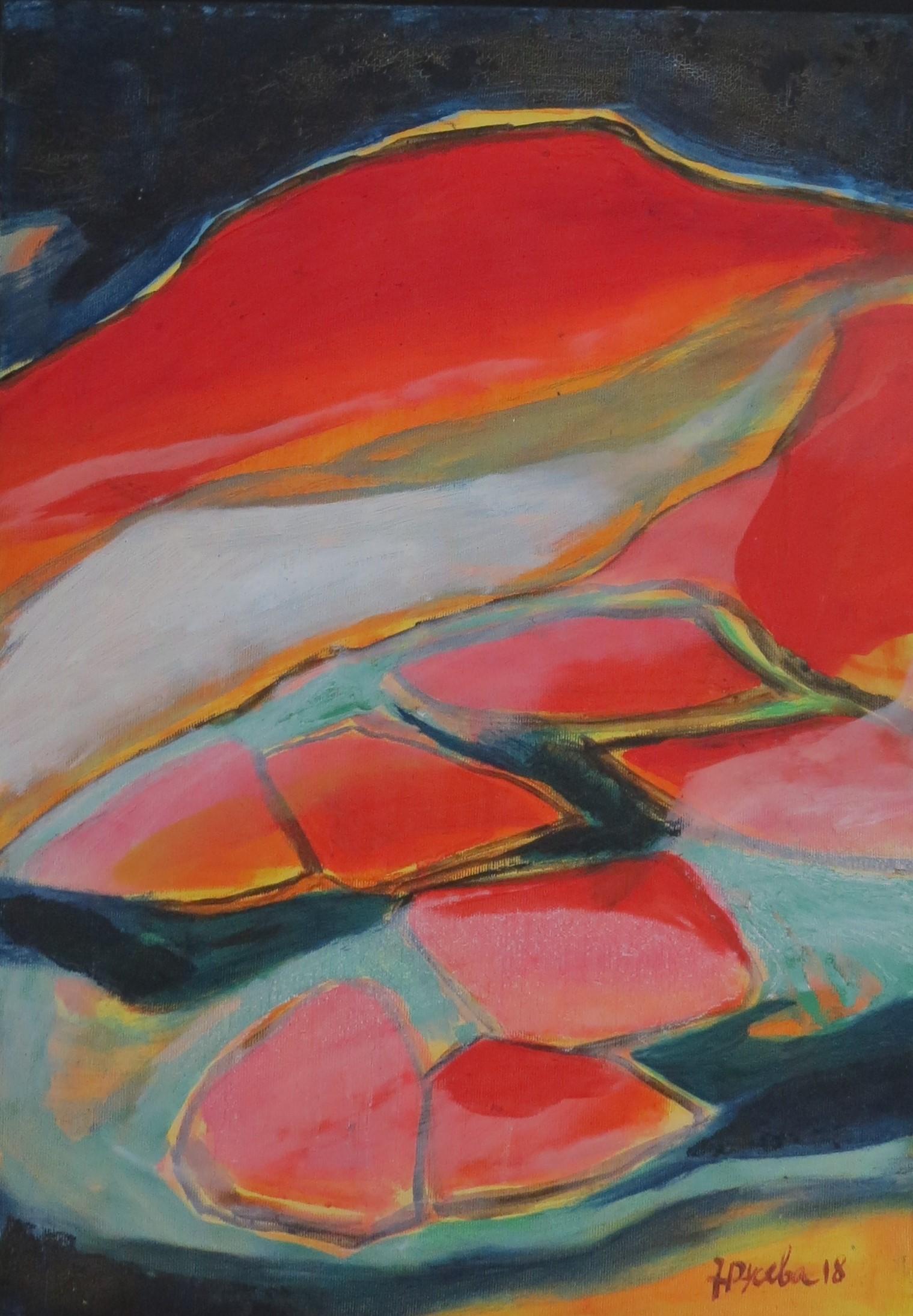 Landscape Painting Nina Ruseva -  Peinture à l'huile abstraite sur toile - Couleurs rouge, jaune, bleu, gris, blanc, rose et noir