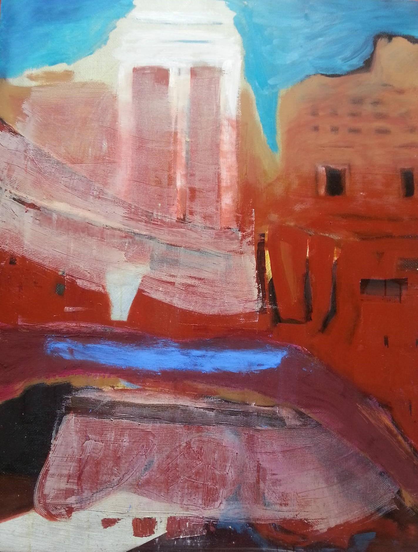 Nina Ruseva Abstract Painting - Ancient Town- Abstract Oil Painting Black Beige Blue White Brown Pink 