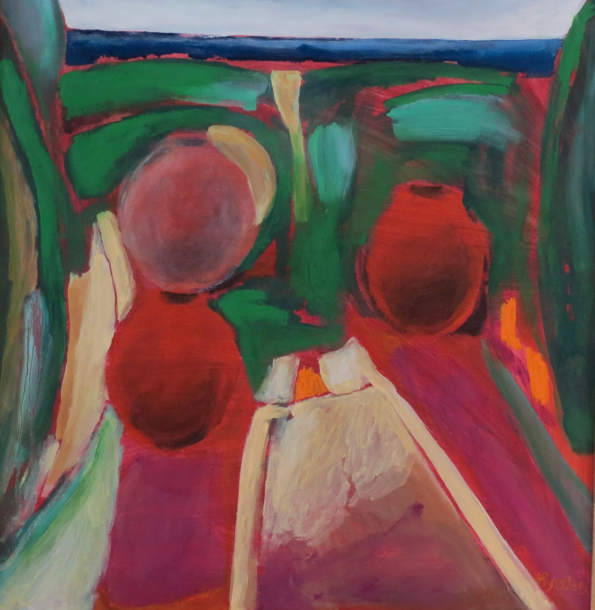 Abstract Painting Nina Ruseva -  Balchik - Peinture abstraite sur toile Couleurs Rouge Vert Bleu Gris Blanc Rose Noir