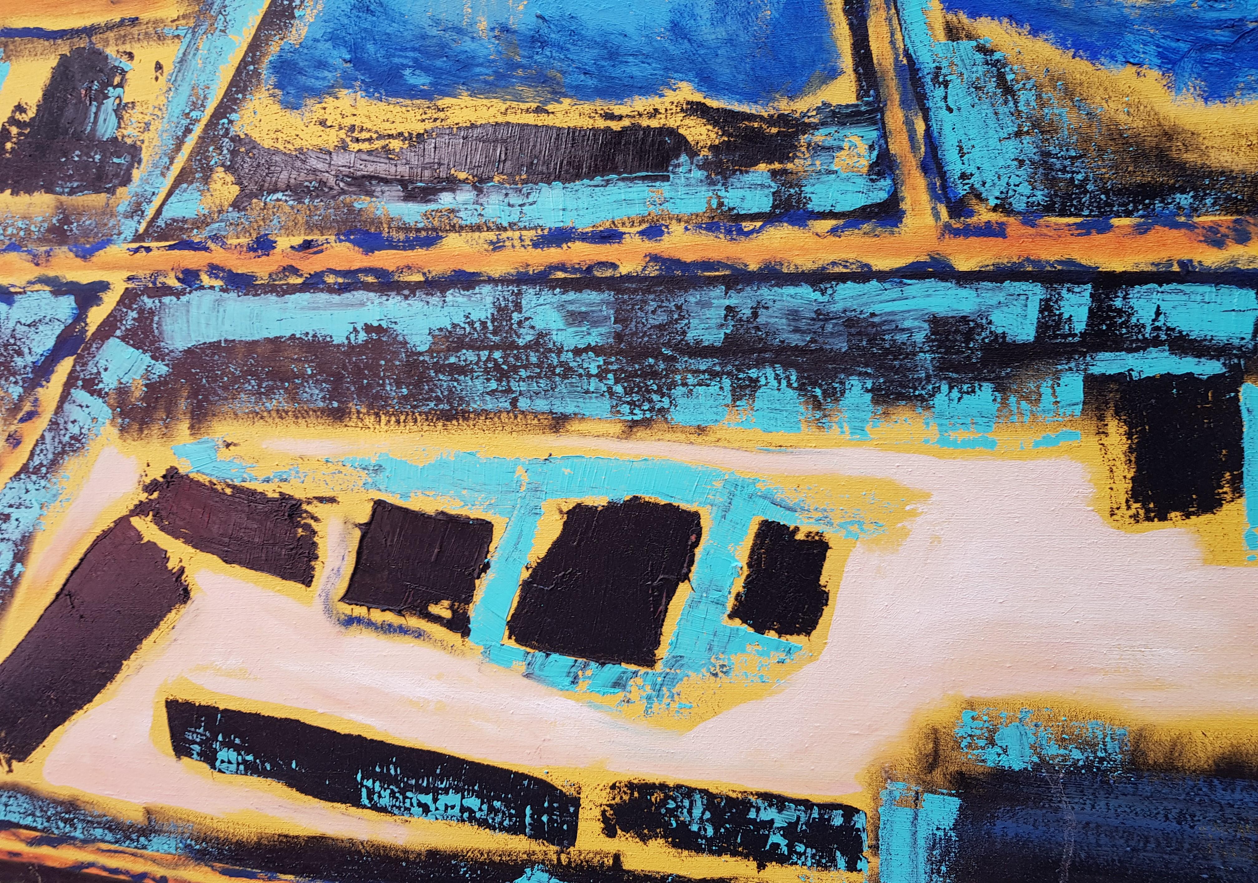 Dall'alto - Pittura ad olio astratta Nero Giallo Verde Beige Blu Bianco Marrone - Painting Astratto di Nina Ruseva