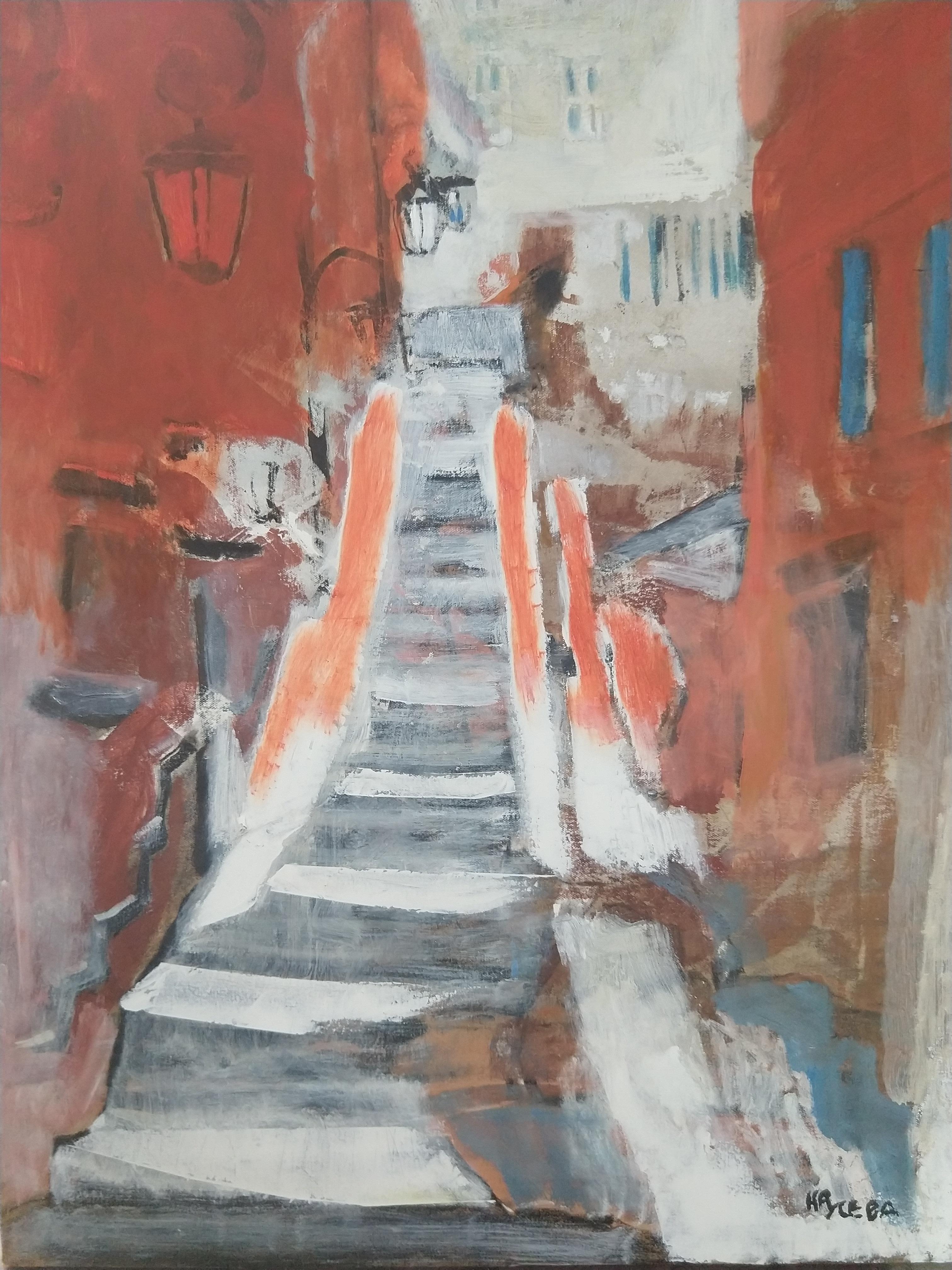 Nina Ruseva Abstract Painting - Landscape 2 - Abstract Oil Painting Black Beige Blue White Brown Pink