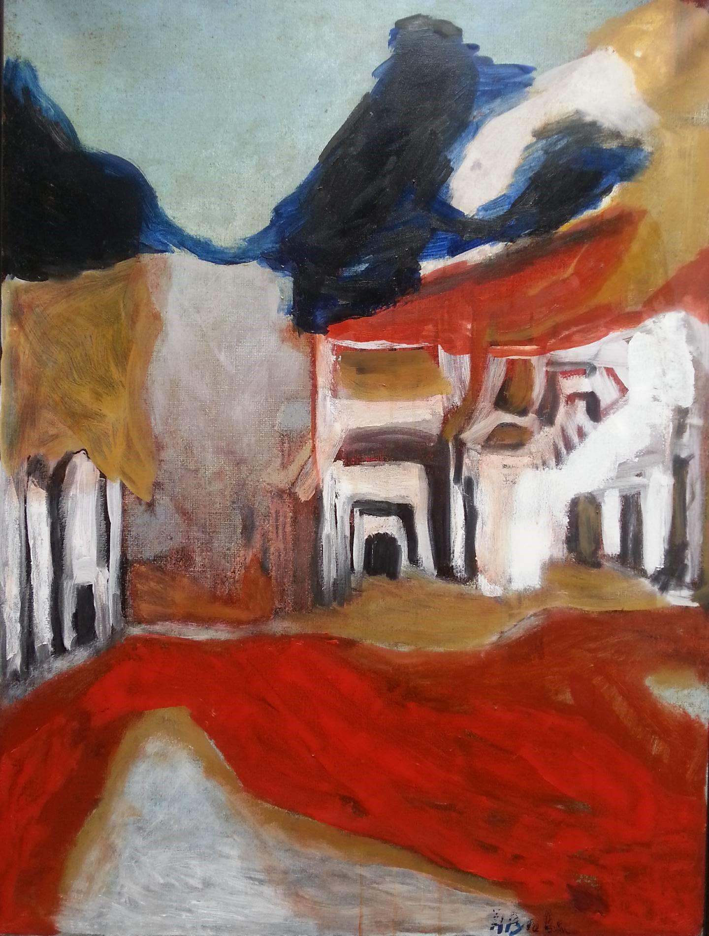 Nina Ruseva Abstract Painting - Landscape 4 - Abstract Oil Painting Black  Red Beige Blue White Brown 