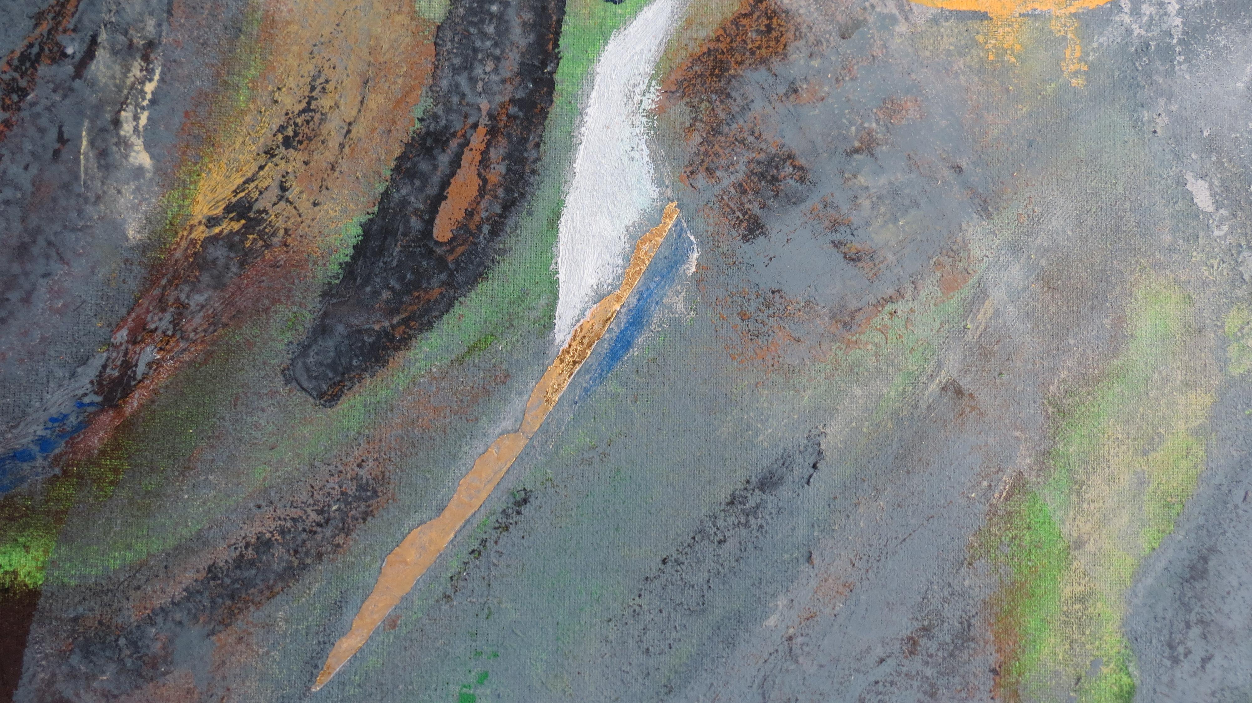 Mountain and Field - peinture abstraite orange, vert, bleu, gris, blanc et noir - Abstrait Painting par Nina Ruseva