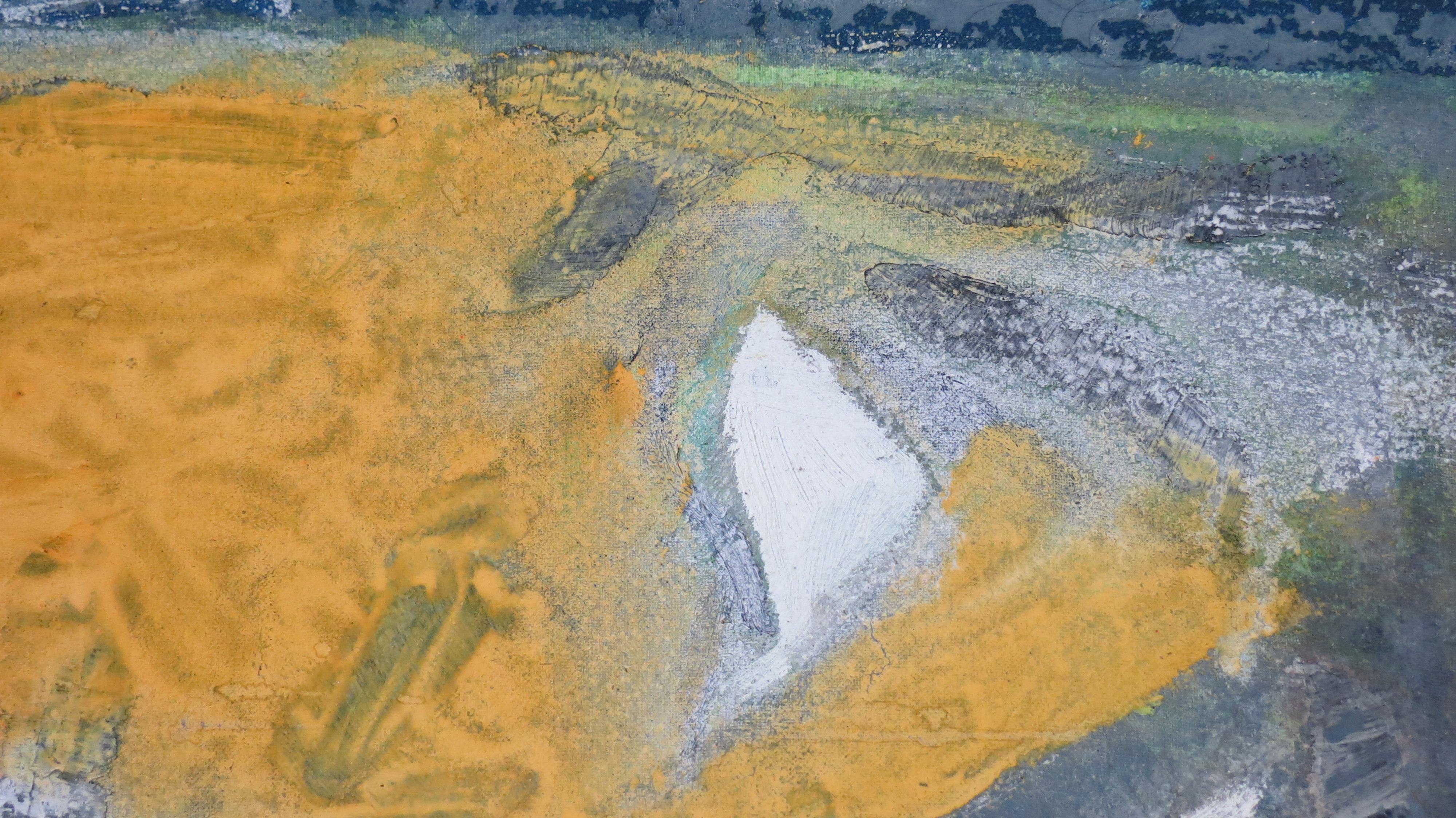 Mountain and Field - peinture abstraite orange, vert, bleu, gris, blanc et noir - Noir Abstract Painting par Nina Ruseva