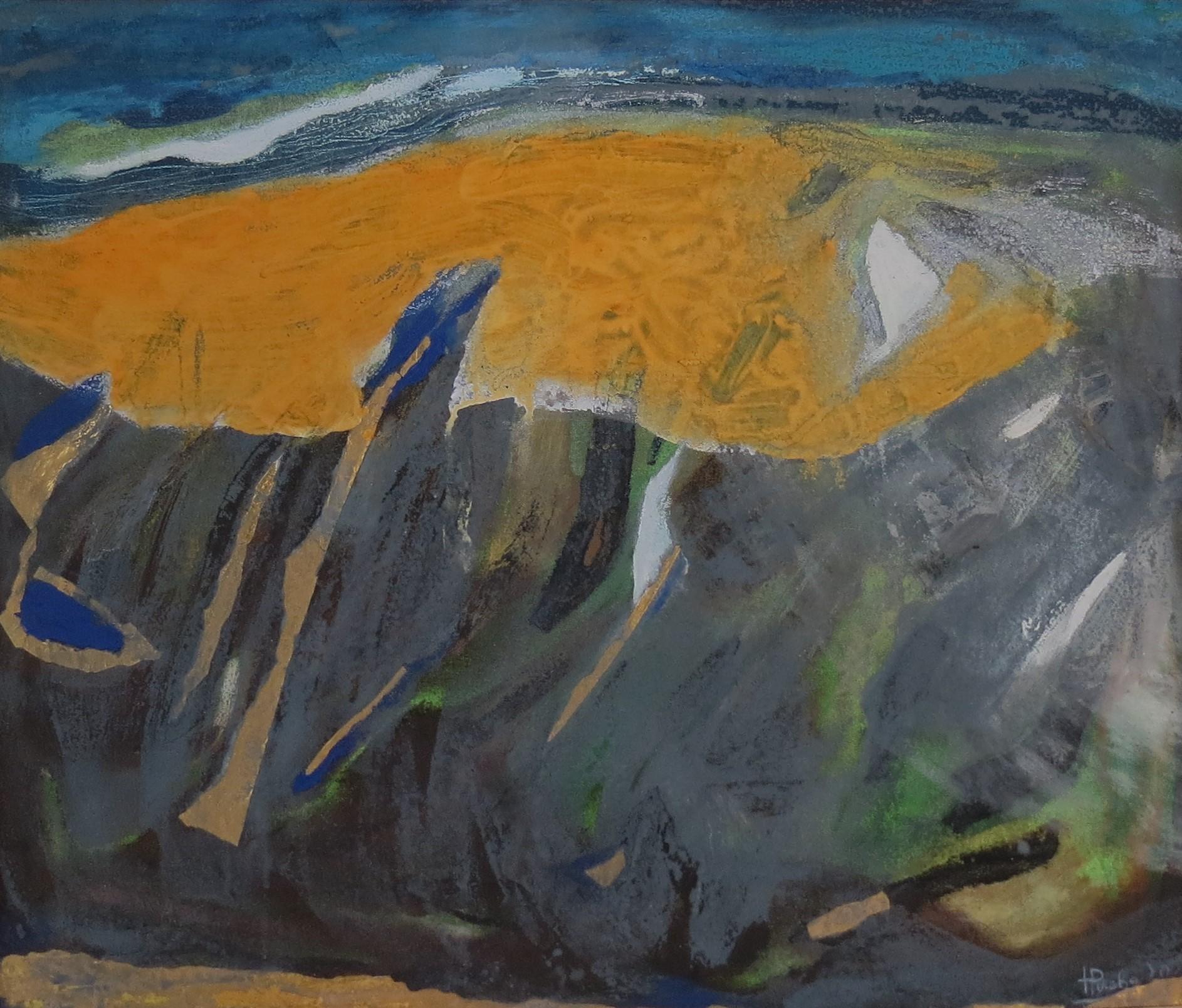 Abstract Painting Nina Ruseva - Mountain and Field - peinture abstraite orange, vert, bleu, gris, blanc et noir