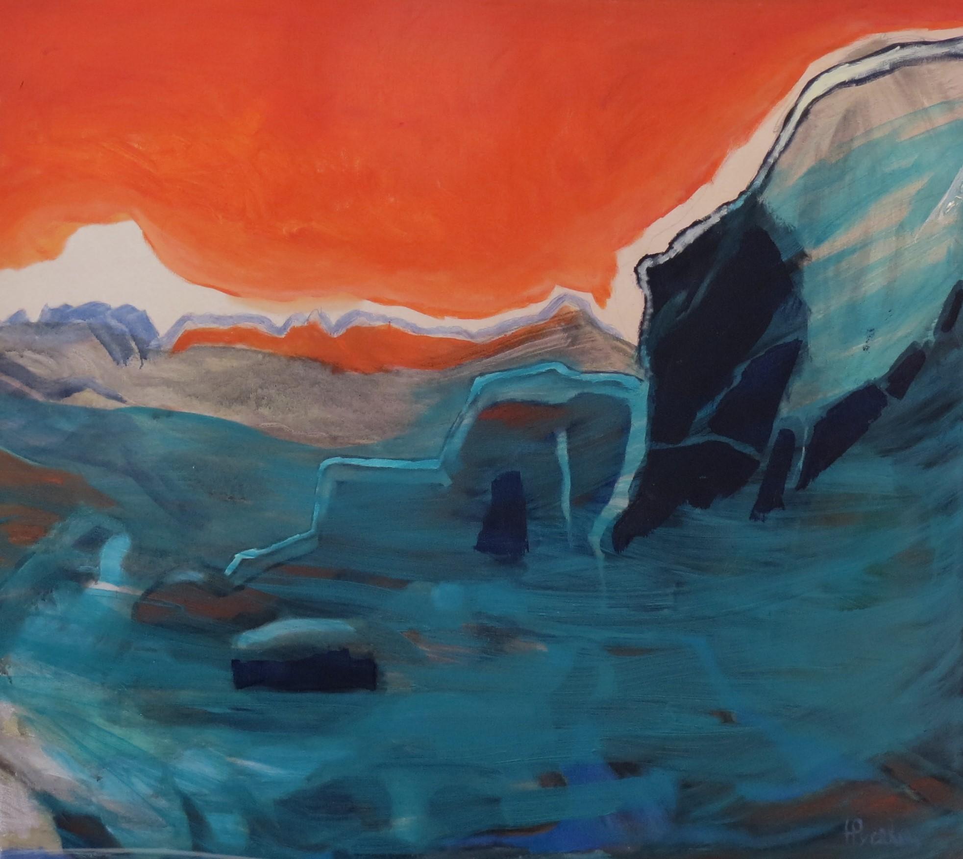 Nina Ruseva Figurative Painting - Mountain - Landscape Abstract Oil Painting Colors Green Blue White Orange Black