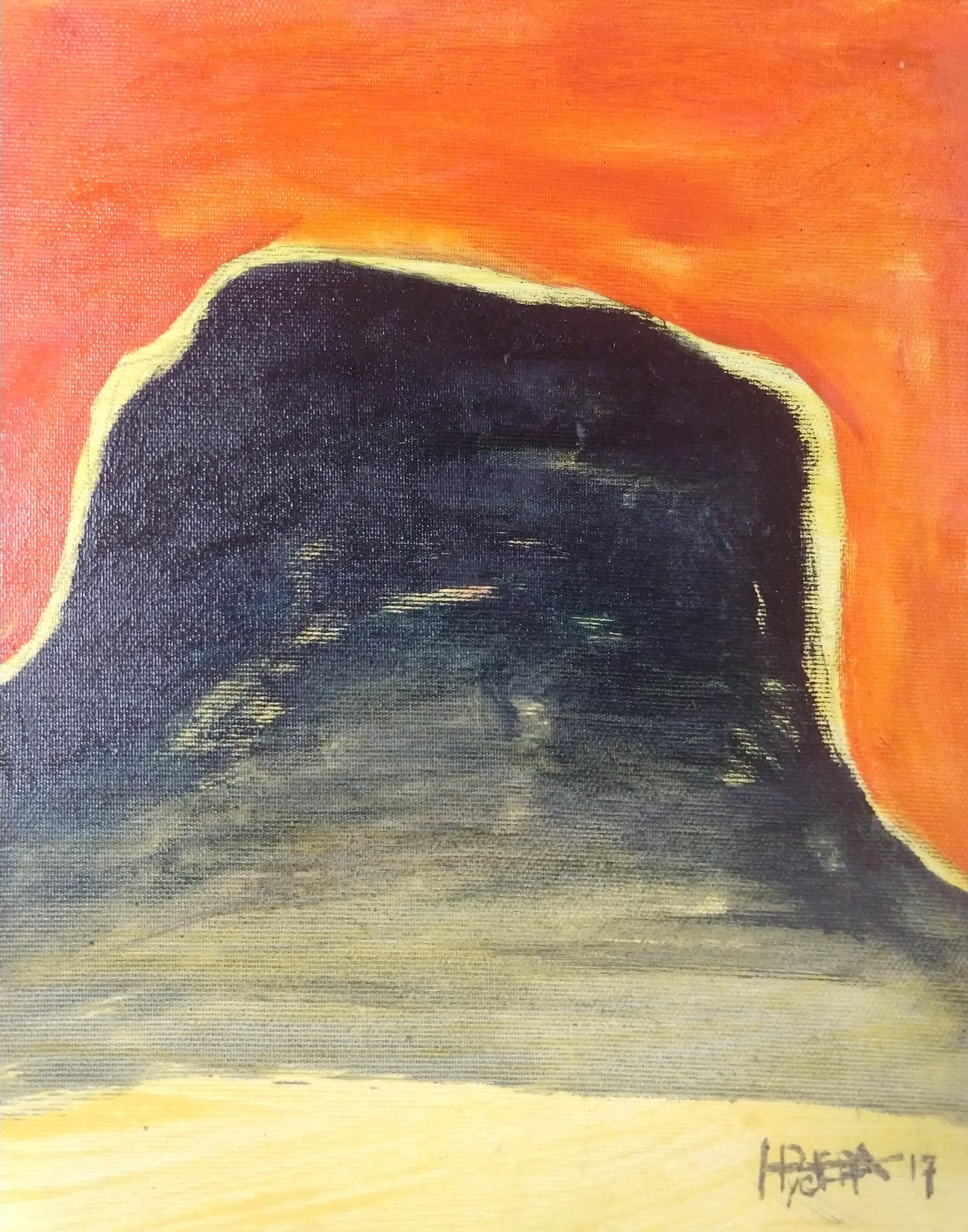 Landscape Painting di Nina Ruseva - Alba - Pittura a olio astratta Arancione Verde Blu Bianco Marrone