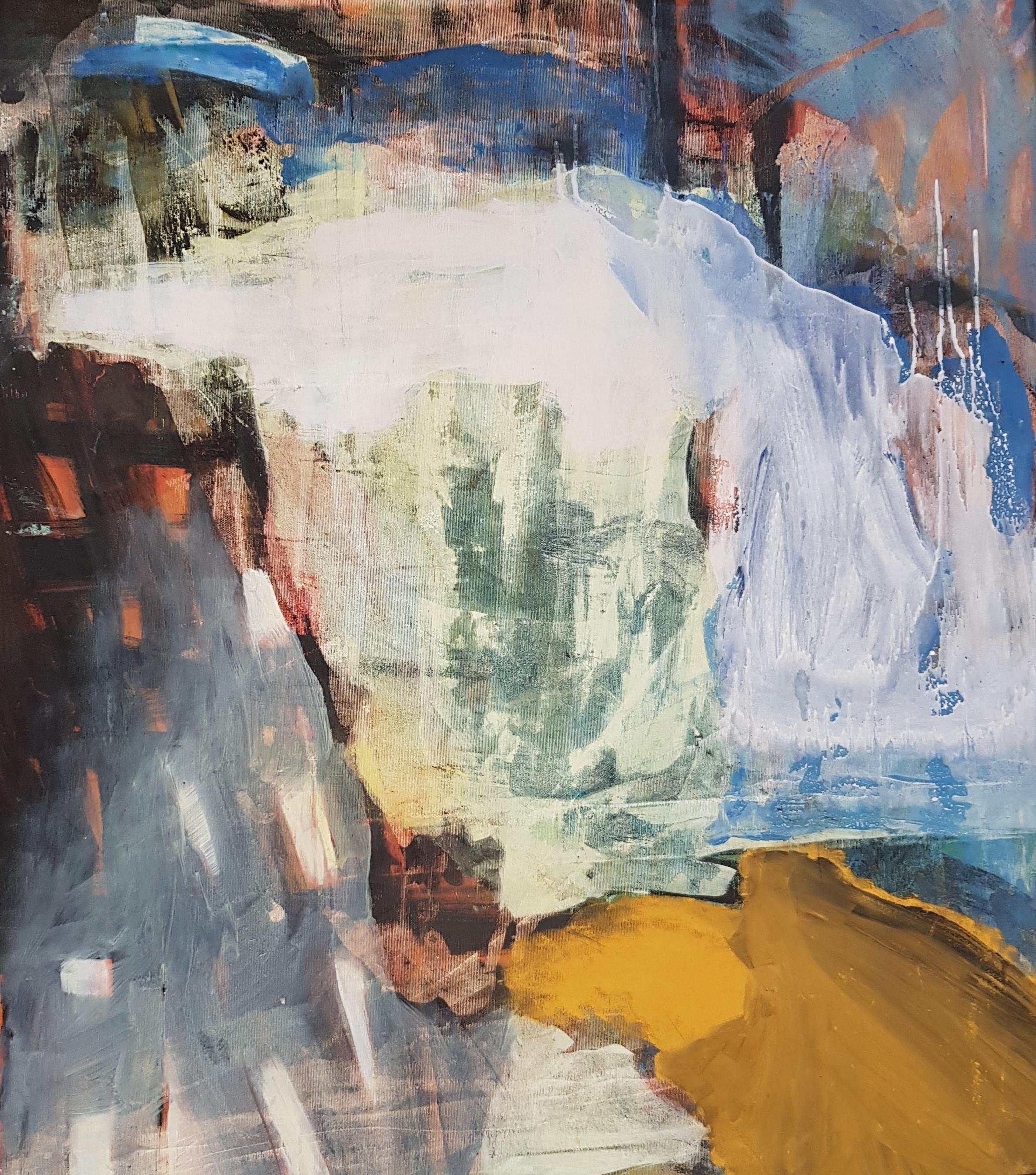 Nina Ruseva Abstract Painting - Sunshine Passing Thru - Abstract Oil Painting Green Grey Blue White Brown Orange
