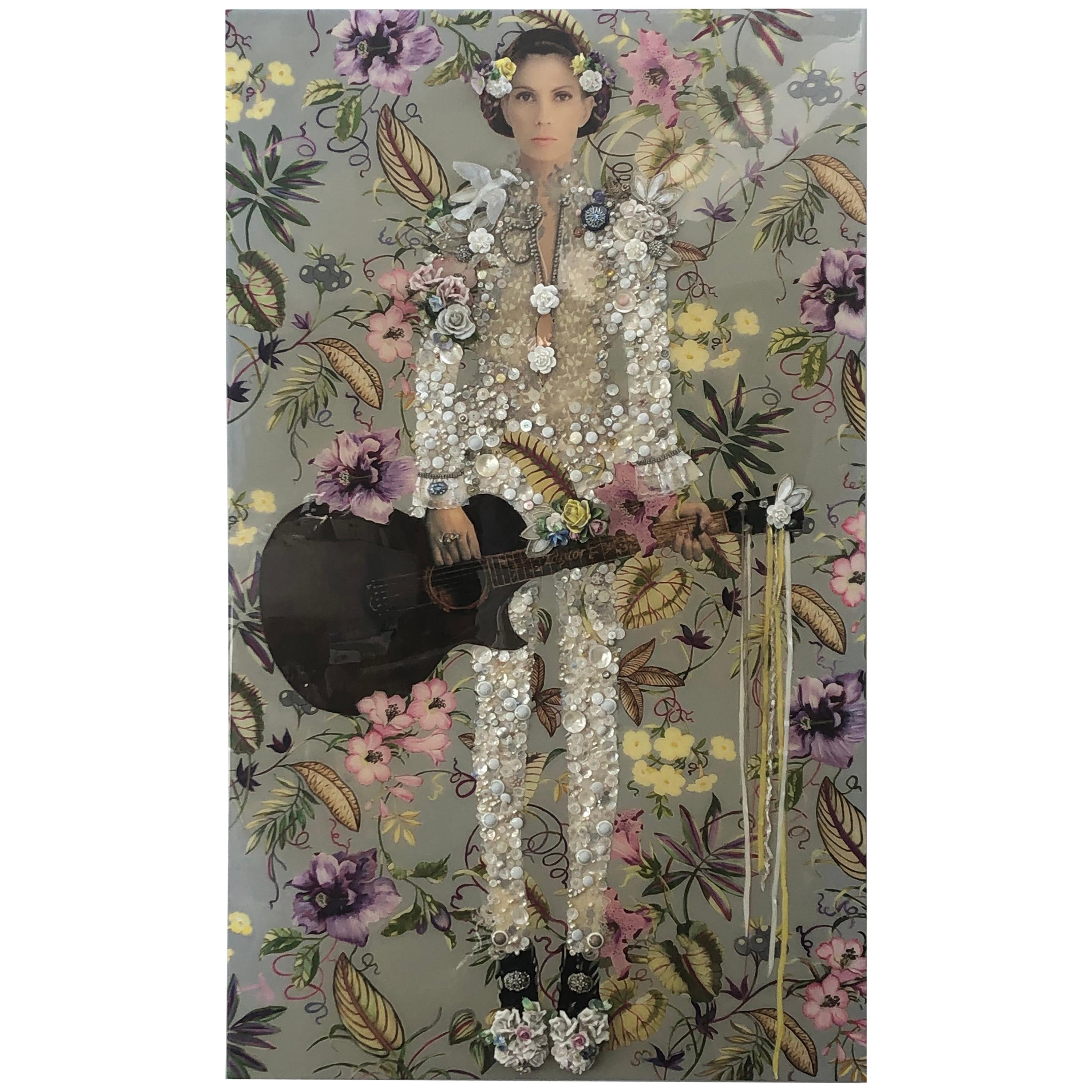 Nina Surel "Woman With Guitar" Mixed-Media Collage Portrait, USA, 2010s For Sale