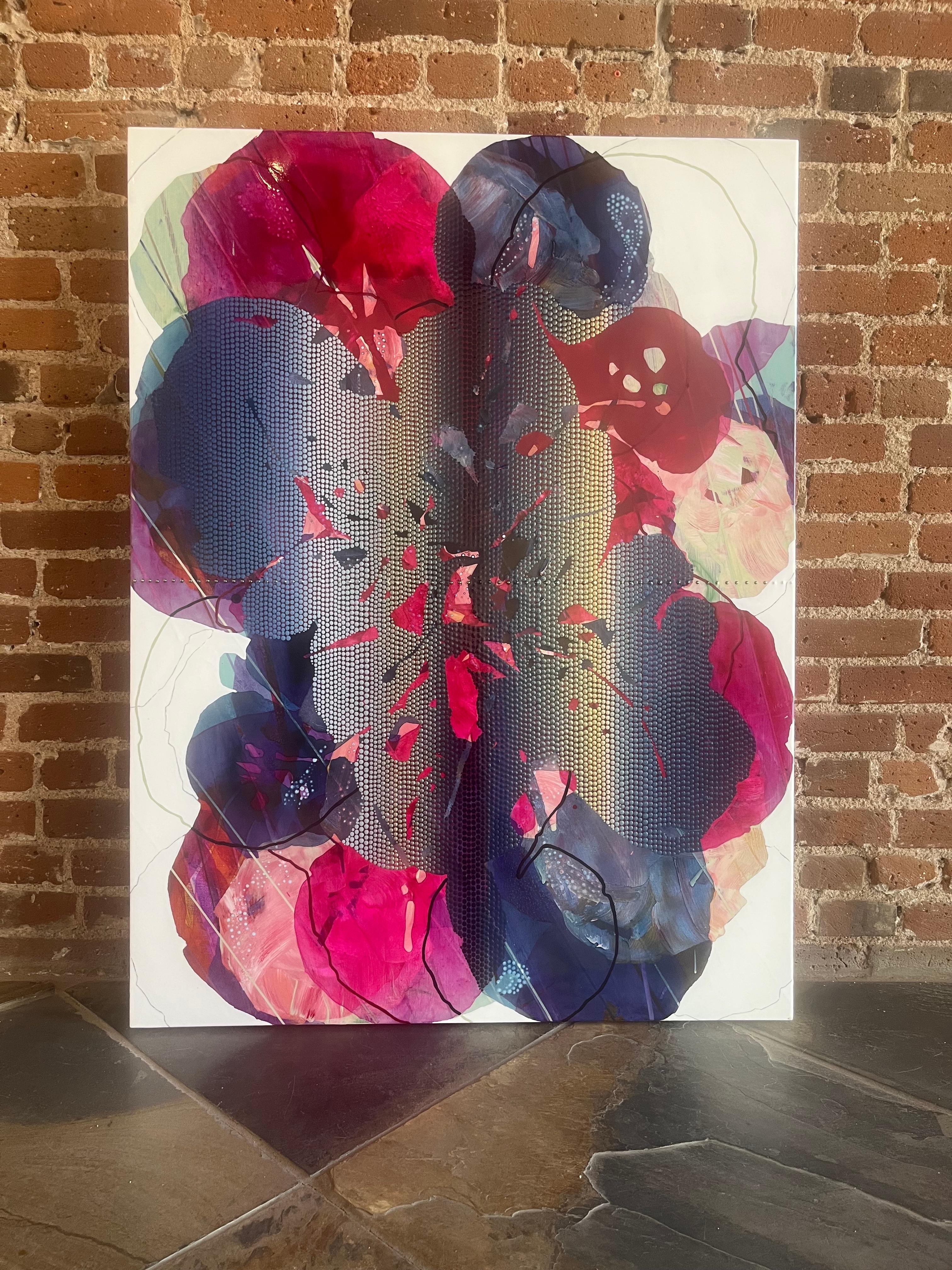 This magenta and purple hued work by Nina Tichava uses layers of disparate materials, including metal grommets and a juicy lacquered surface, to create an abstract composition reminiscent of a flower. It is unframed and created on a wooden panel,