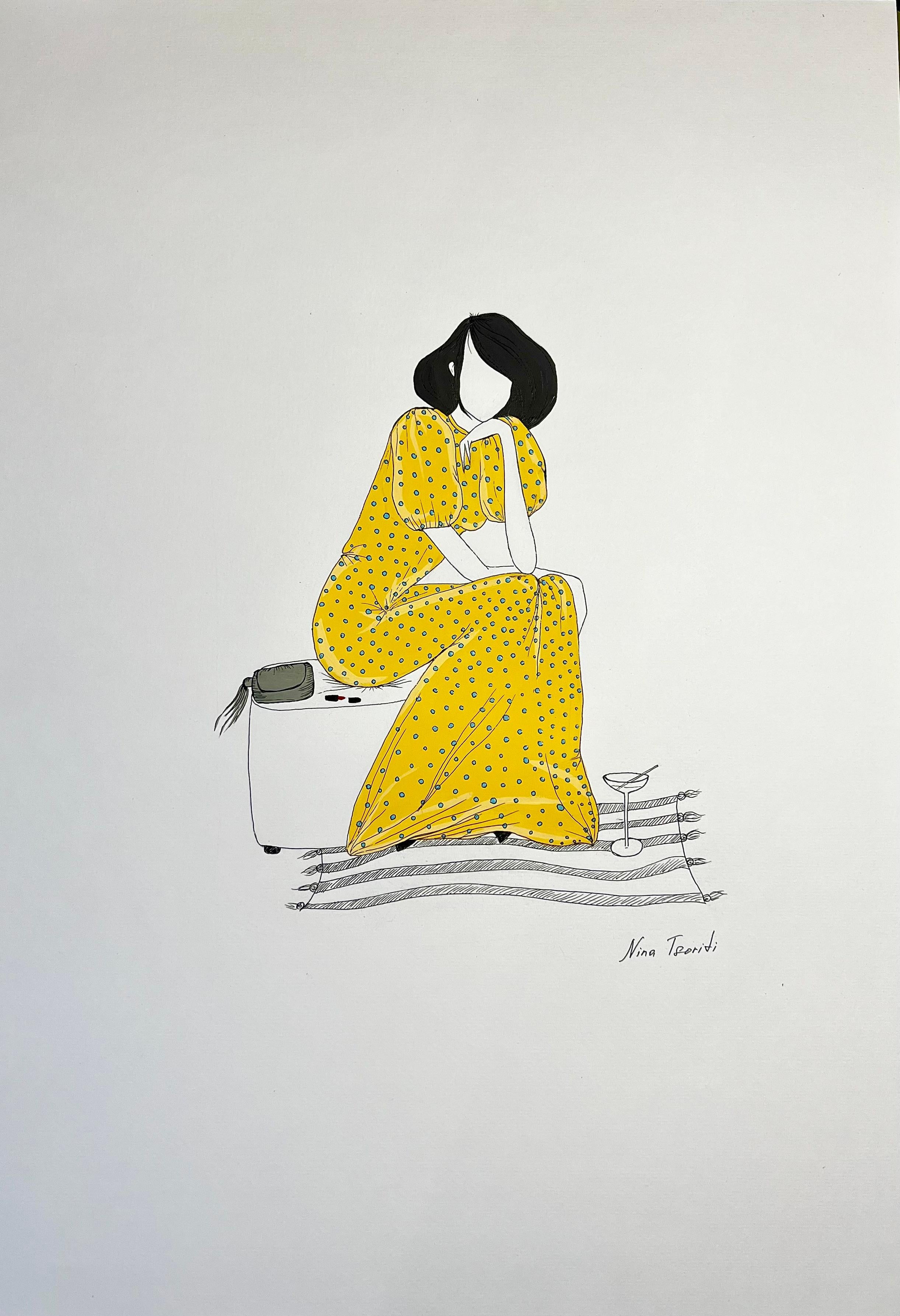Bades Datum, 59x42cm, Tempera/Papier – Painting von Nina Tsoriti
