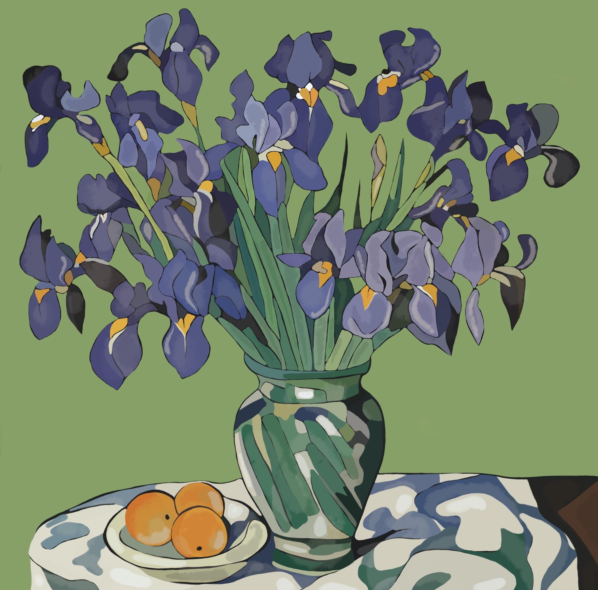 Natura morta con iris , 70x70cm, stampa su tela. Edizione 20 pezzi. - Print di Nina Tsoriti