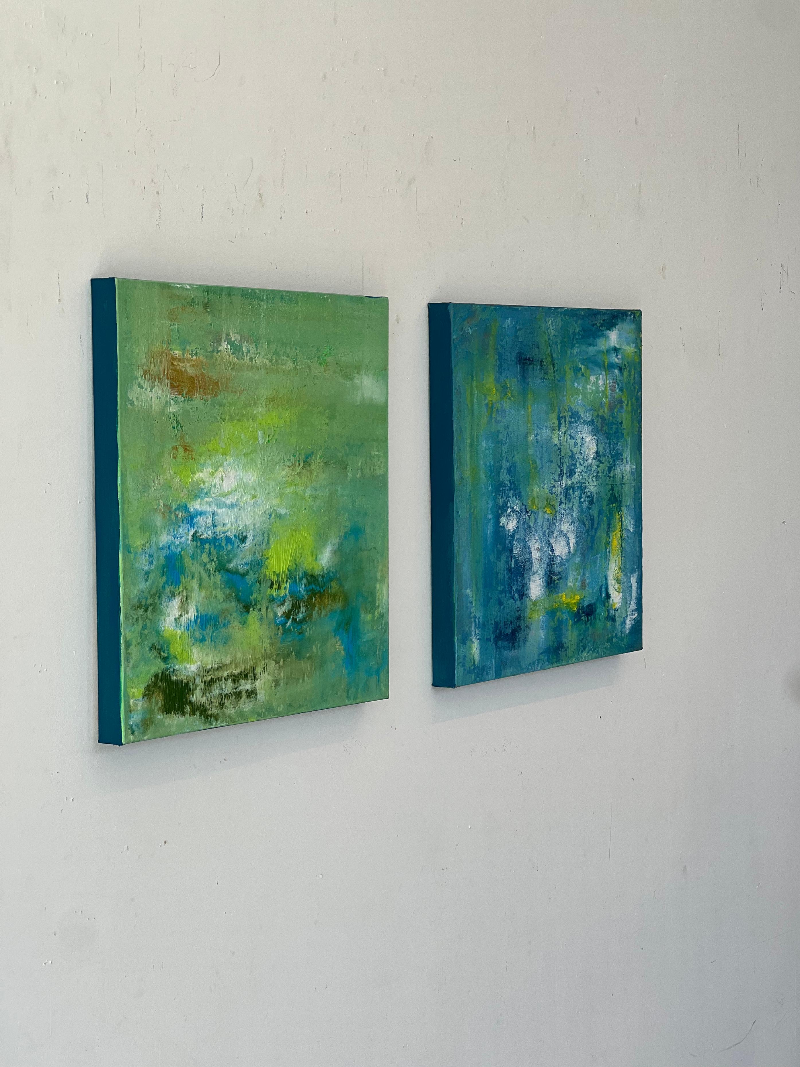 Diptych Opal 1 & 2 - acrylic on canvas - Blue Abstract Painting by Nina Weintraub