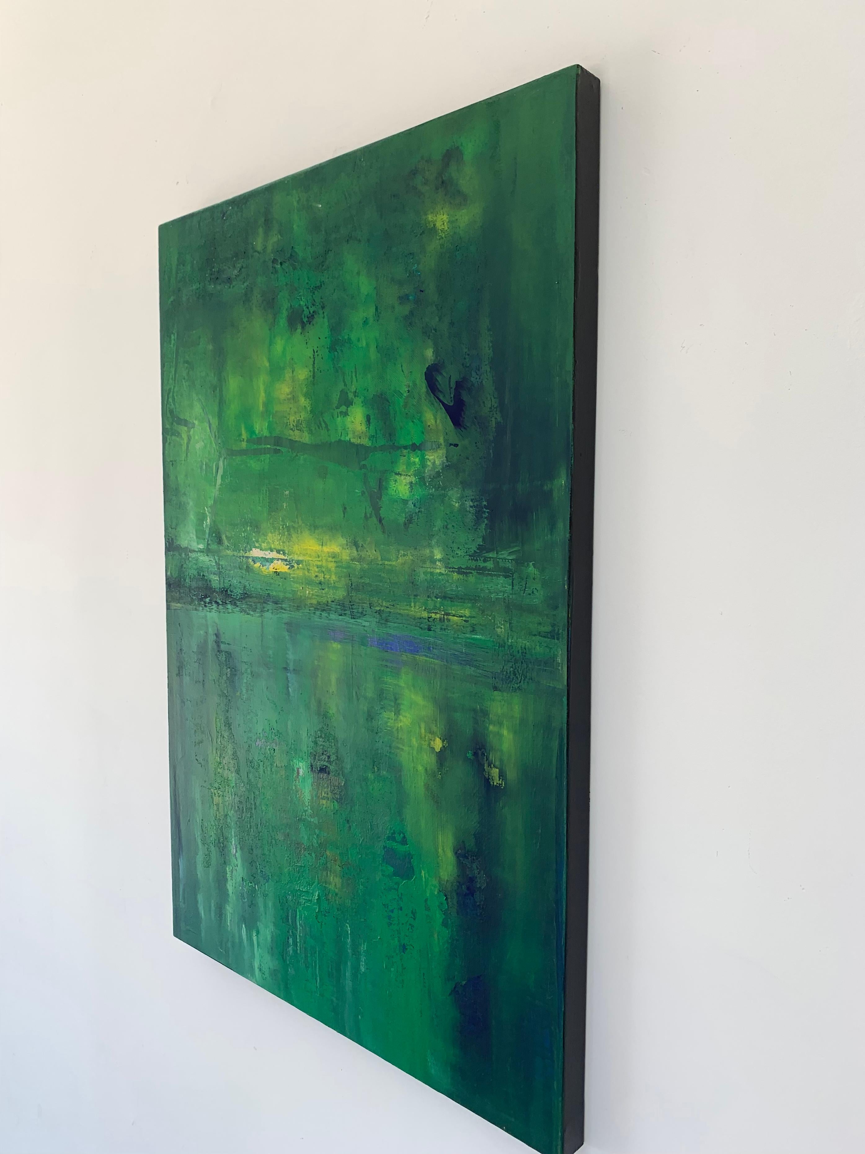 Fall into Place 1 - acrylic on canvas - Green Abstract Painting by Nina Weintraub
