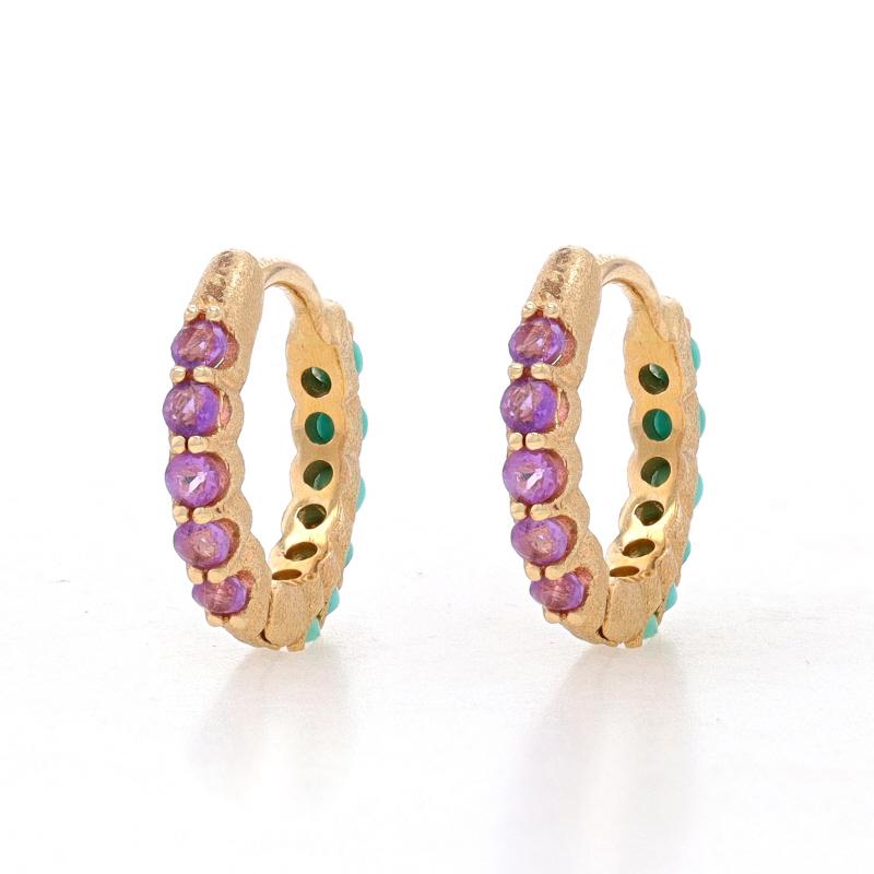 Retail Price: $1200

Brand: Nina Wynn

Metal Content: 18k Yellow Gold

Stone Information
Natural Arizona Turquoise
Treatment: Routinely Enhanced
Cut: Round
Color: Bluish Green

Natural Amethysts
Cut: Round
Color: Purple

Style: Huggie Hoop
Fastening
