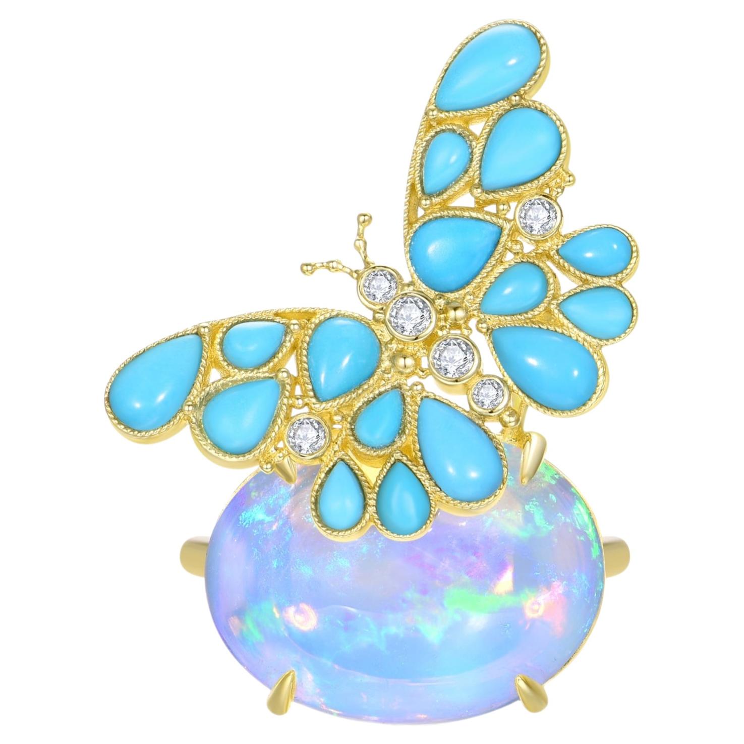 Nina Zhou One-of-a-Kind 10.6ctw Turquoise Diamond Butterfly on Opal Ring
