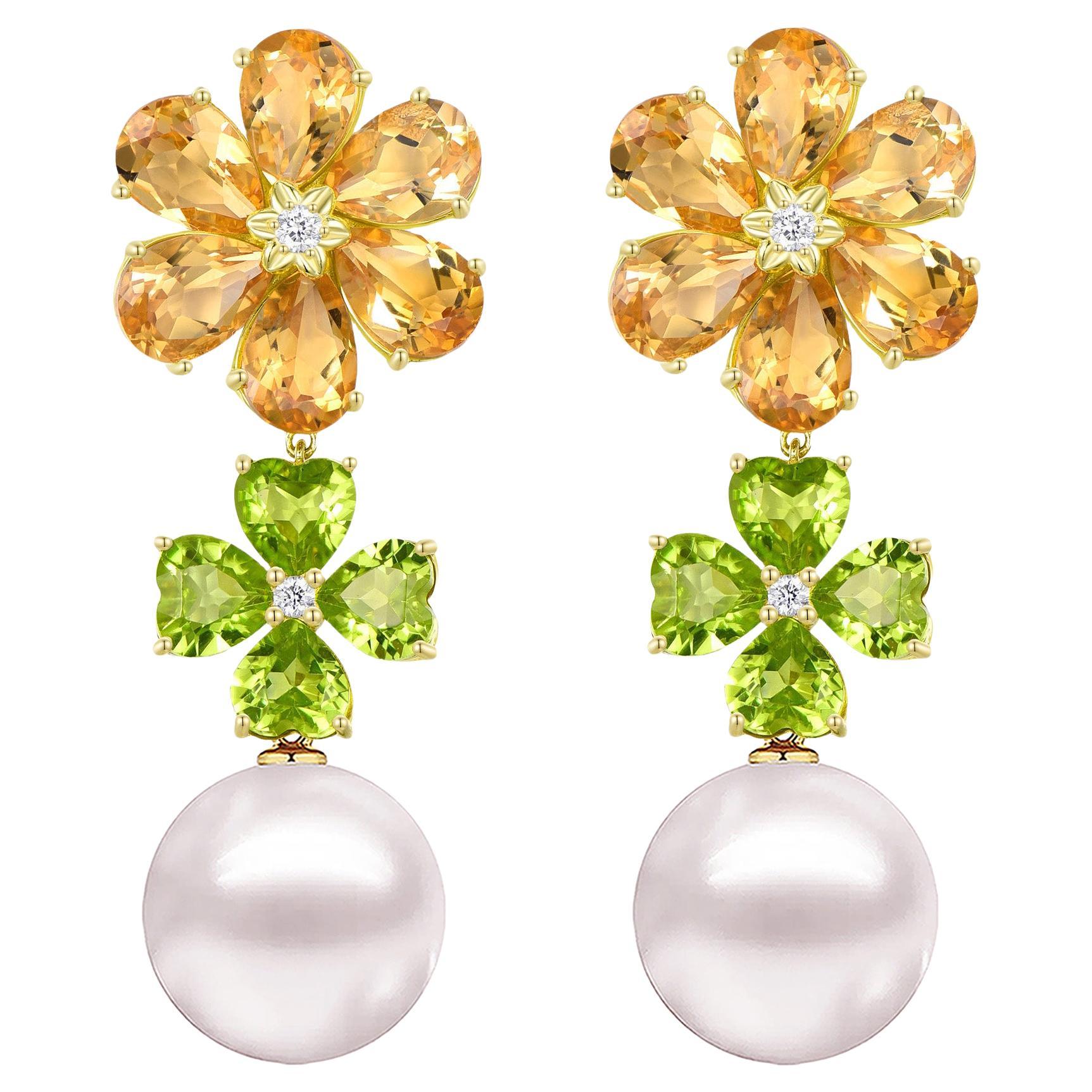 Nina Zhou 15.4ctw Island Blossoms Citrine Peridot Diamond Pearl Drop Earrings
