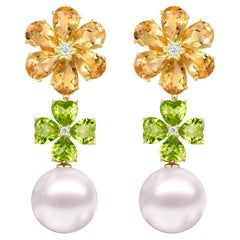 Nina Zhou 15.4ctw Island Blossoms Citrine Peridot Diamond Pearl Drop Earrings