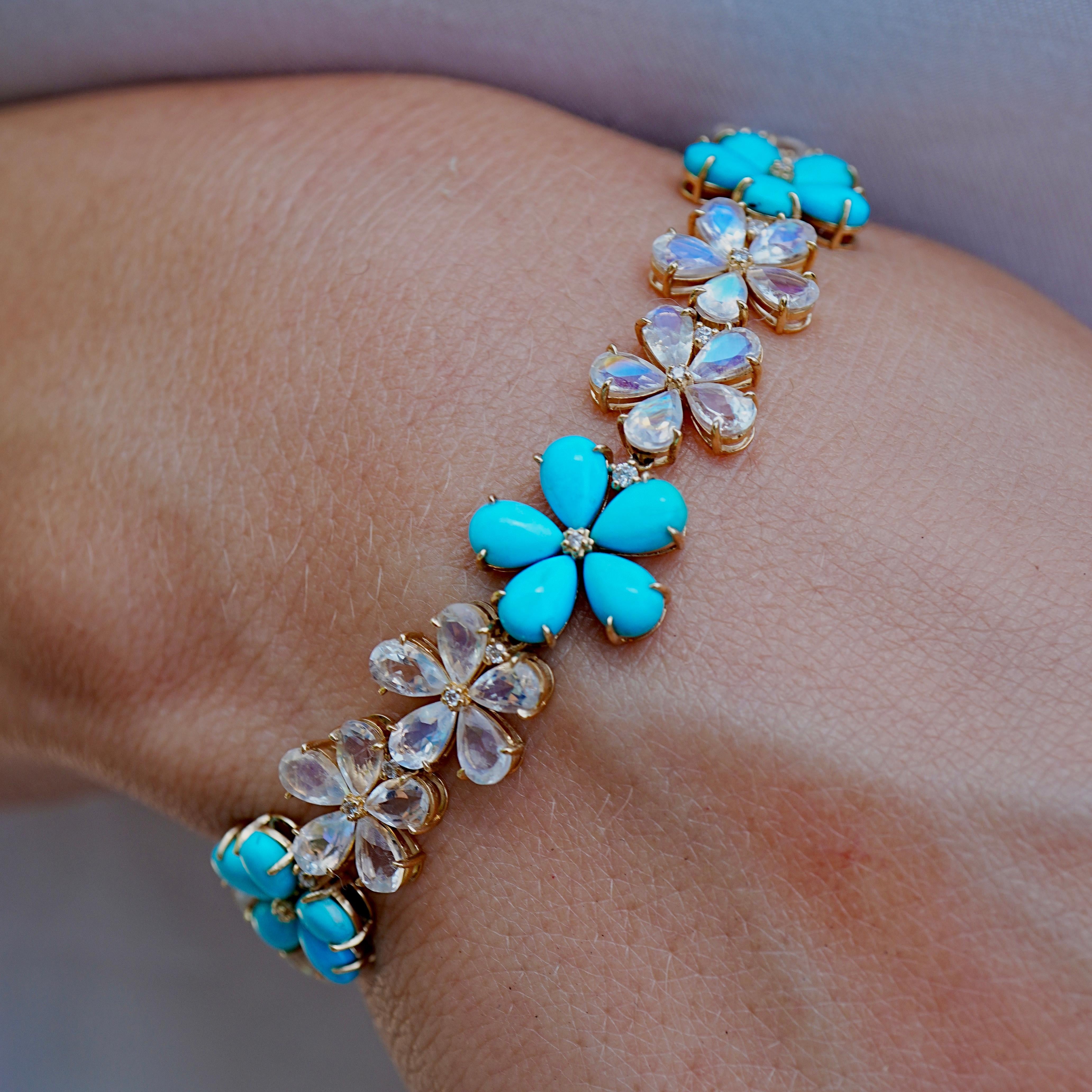 Nina Zhou Pulsera Flor de Cerezo Turquesa Piedra Lunar Diamante 19,3 quilates Corte pera en venta