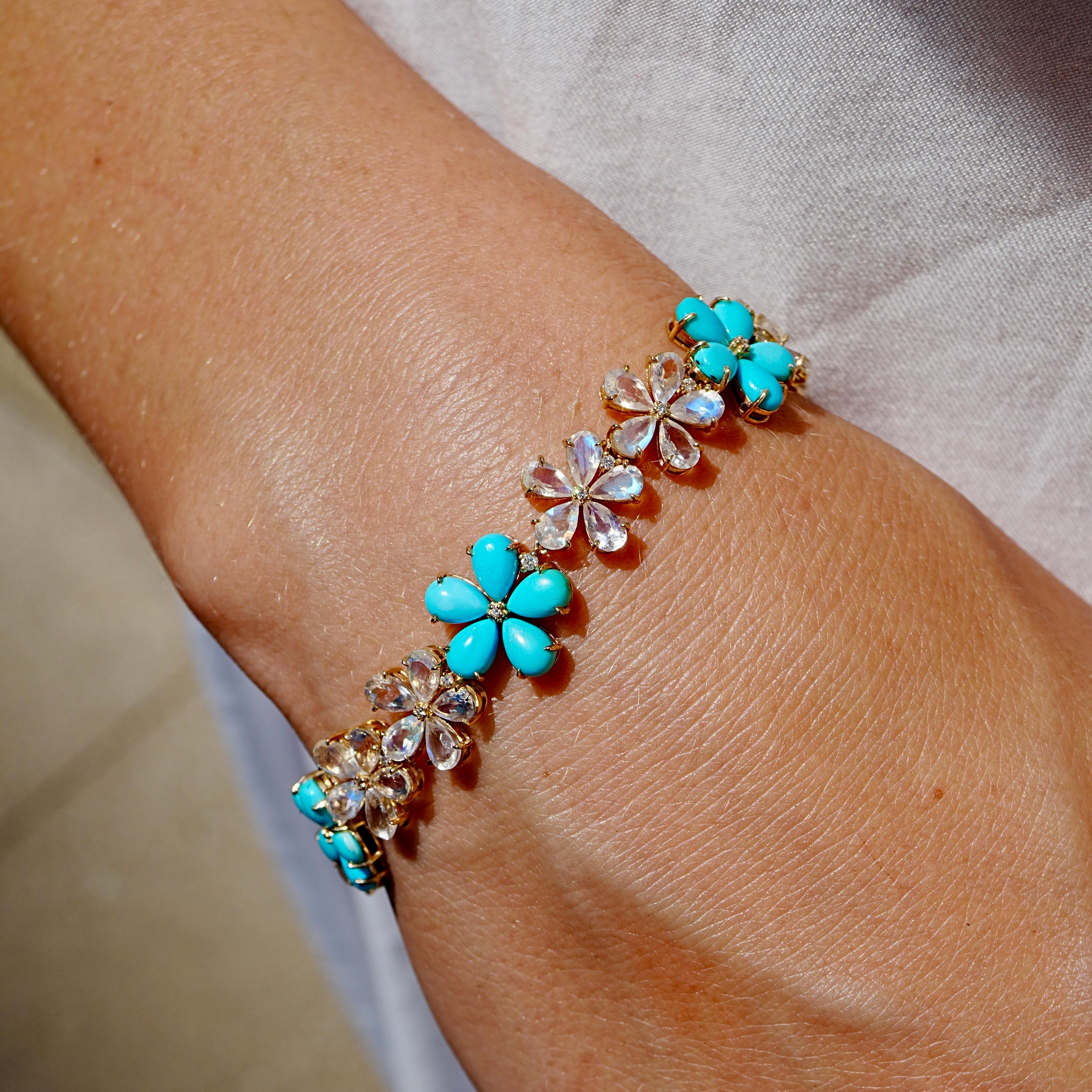De las mujeres Nina Zhou Pulsera Flor de Cerezo Turquesa Piedra Lunar Diamante 19,3 quilates en venta