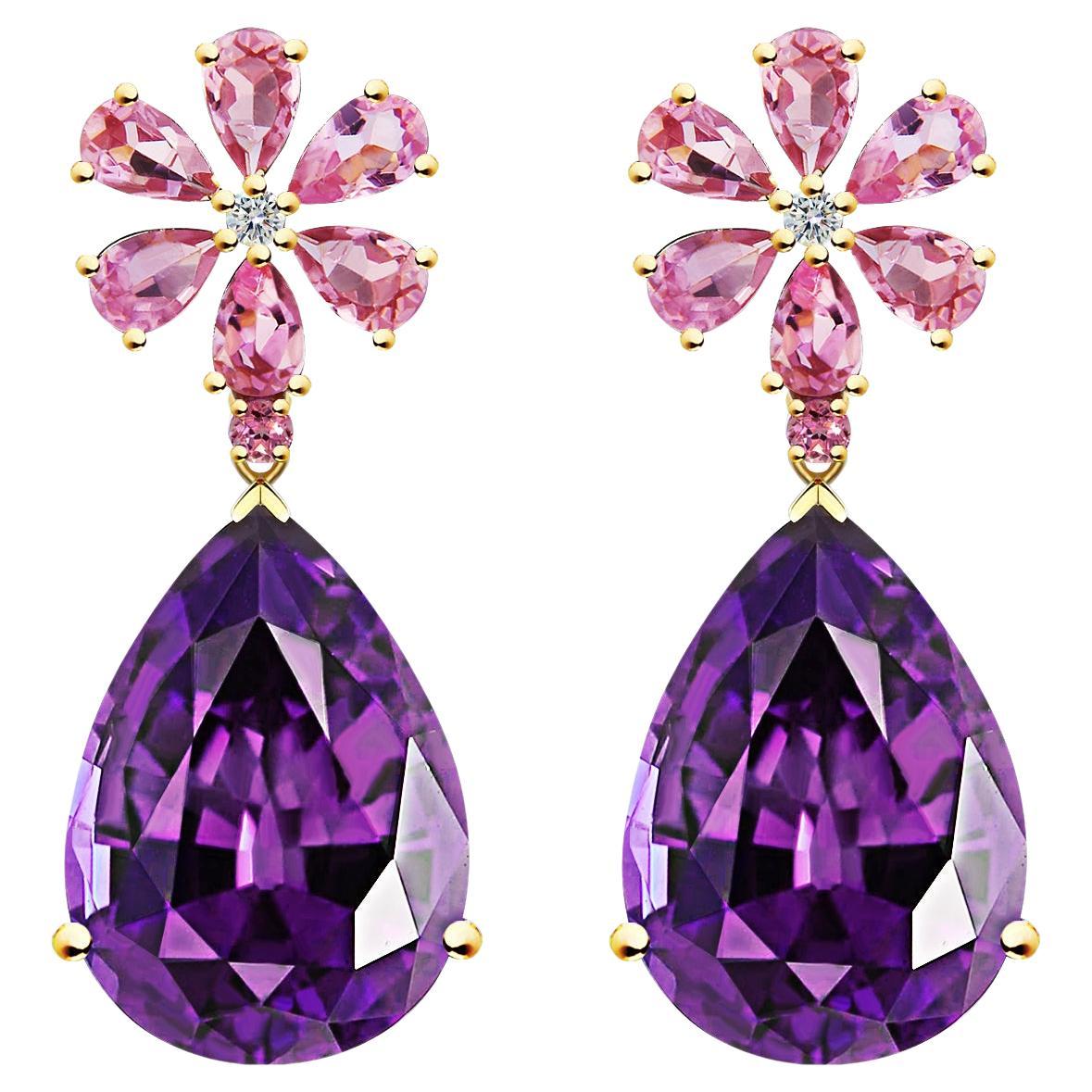 Nina Zhou 23.06ctw Pink Sapphire Diamond Blossom Amethyst Drop Earrings