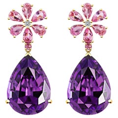Nina Zhou 23.06ctw Pink Sapphire Diamond Blossom Amethyst Drop Earrings