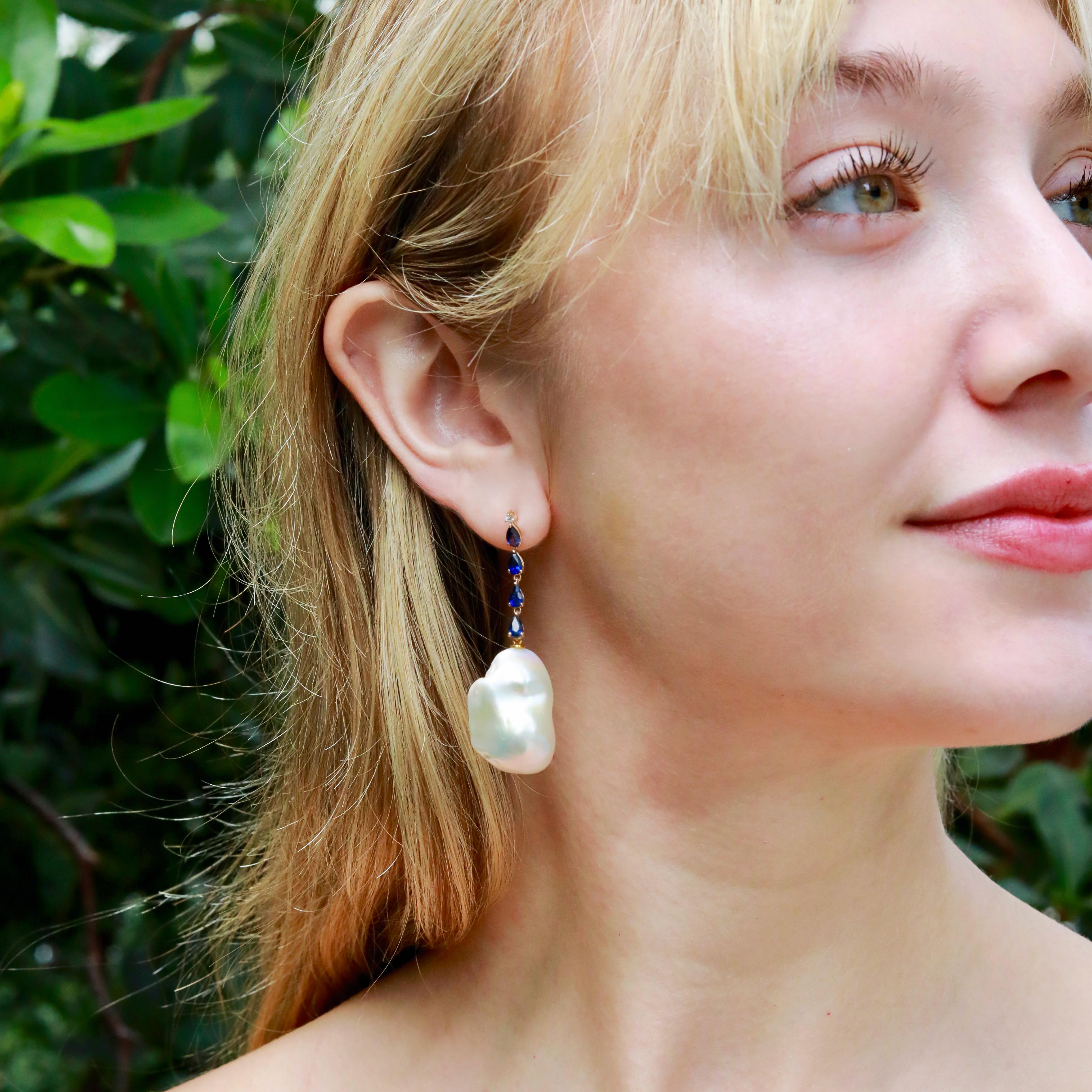 Nina Zhou 2,45ctw Saphir Diamant und Barock Perle Cabrio Tropfen Ohrringe Damen im Angebot