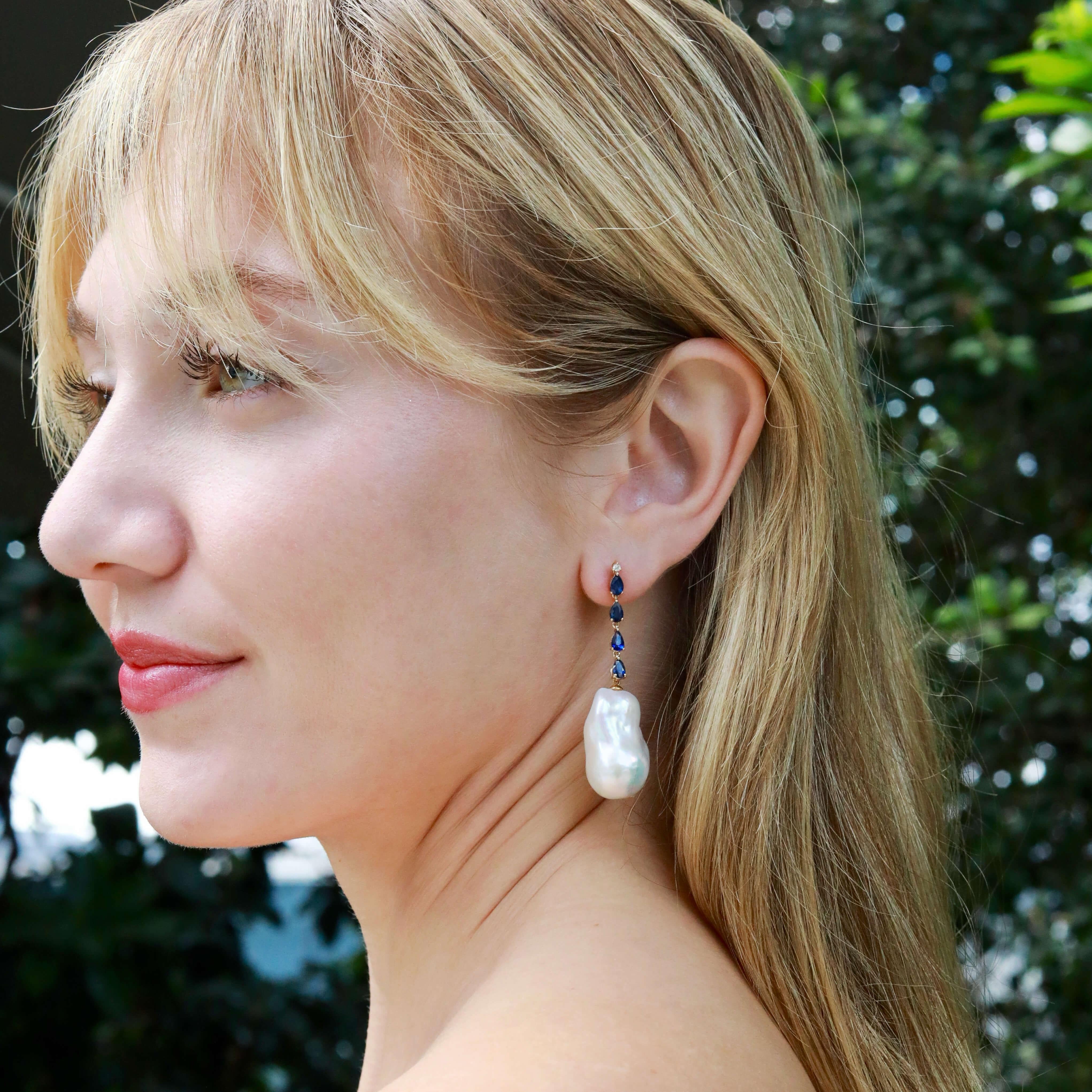 Nina Zhou 2,45ctw Saphir Diamant und Barock Perle Cabrio Tropfen Ohrringe im Angebot 2