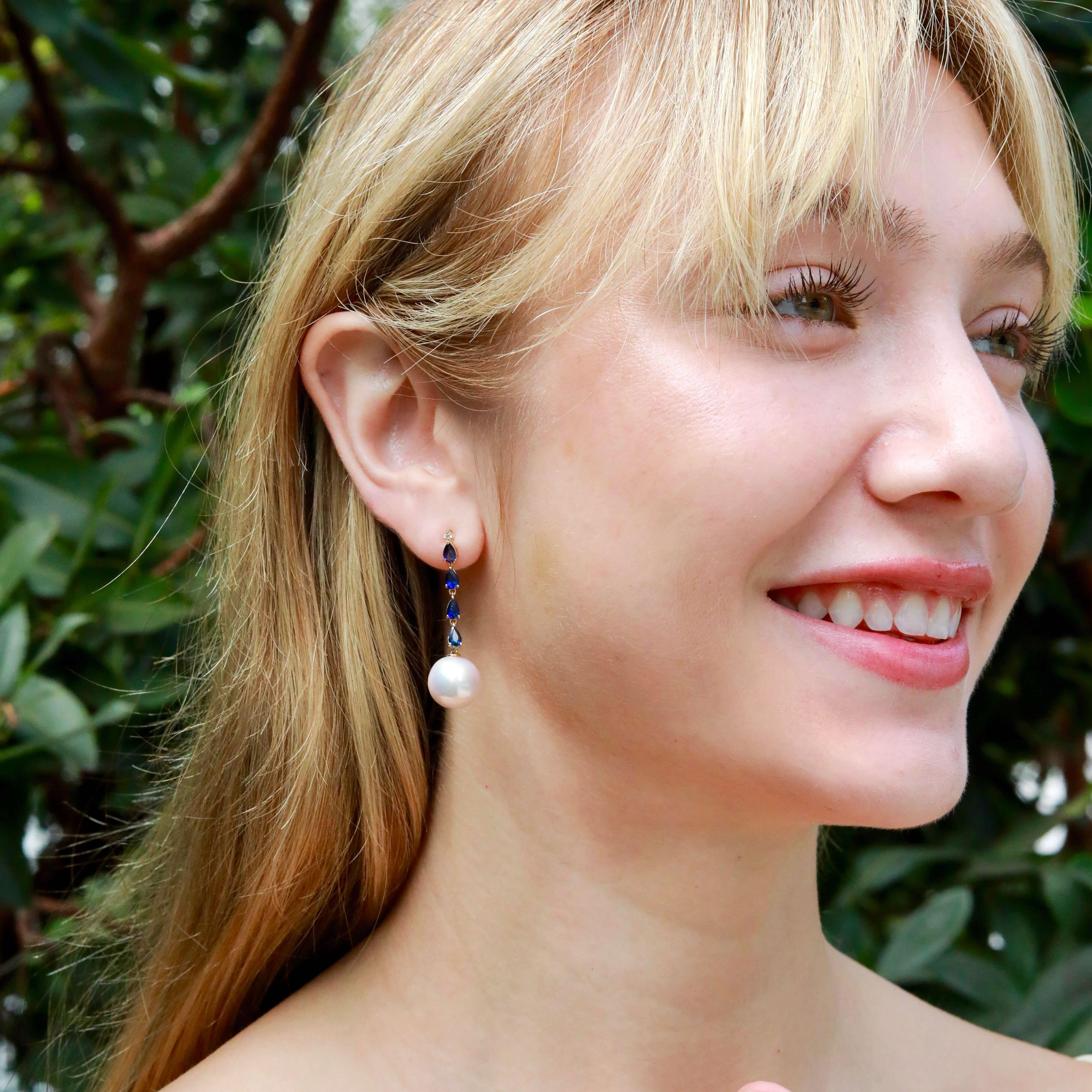 Nina Zhou Orecchini a goccia convertibili con zaffiro, diamante e perla da 2,45 carati In condizioni Nuovo in vendita a Rowland Heights, CA