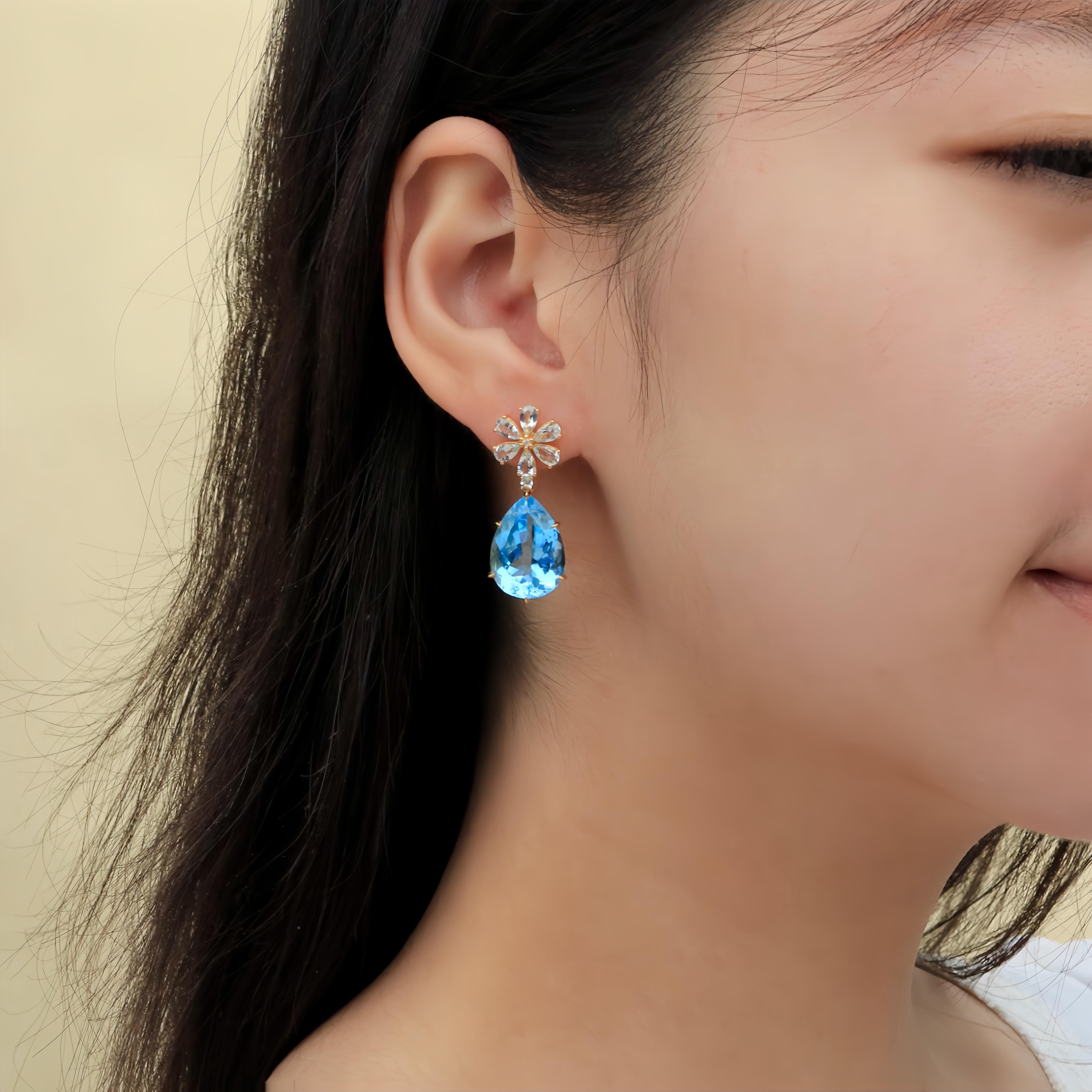 Modern Nina Zhou 26.80ctw Aquamarine Diamond Blossom Topaz Drop Earrings For Sale