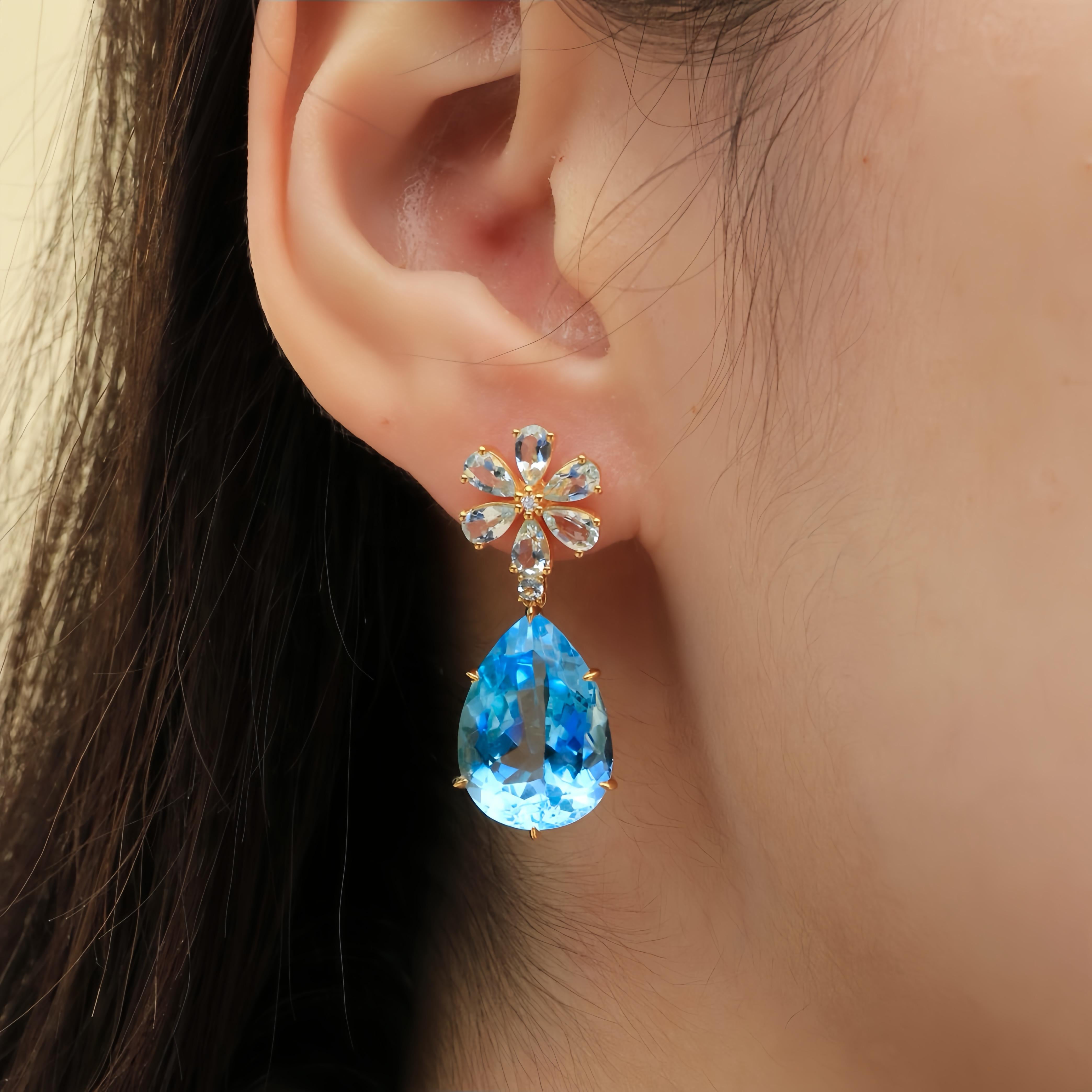 Nina Zhou 26.80ctw Aquamarine Diamond Blossom Topaz Drop Earrings For Sale 1