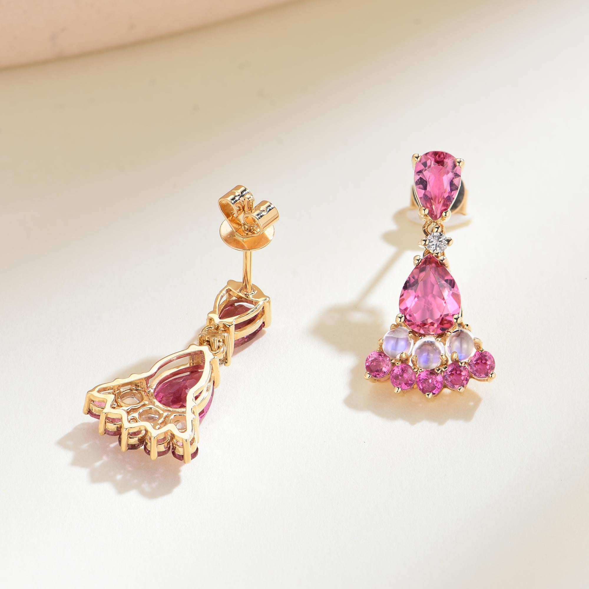 Contemporary Nina Zhou 2.74ctw Pink Tourmaline, Moonstone & Diamond Drop Earrings For Sale