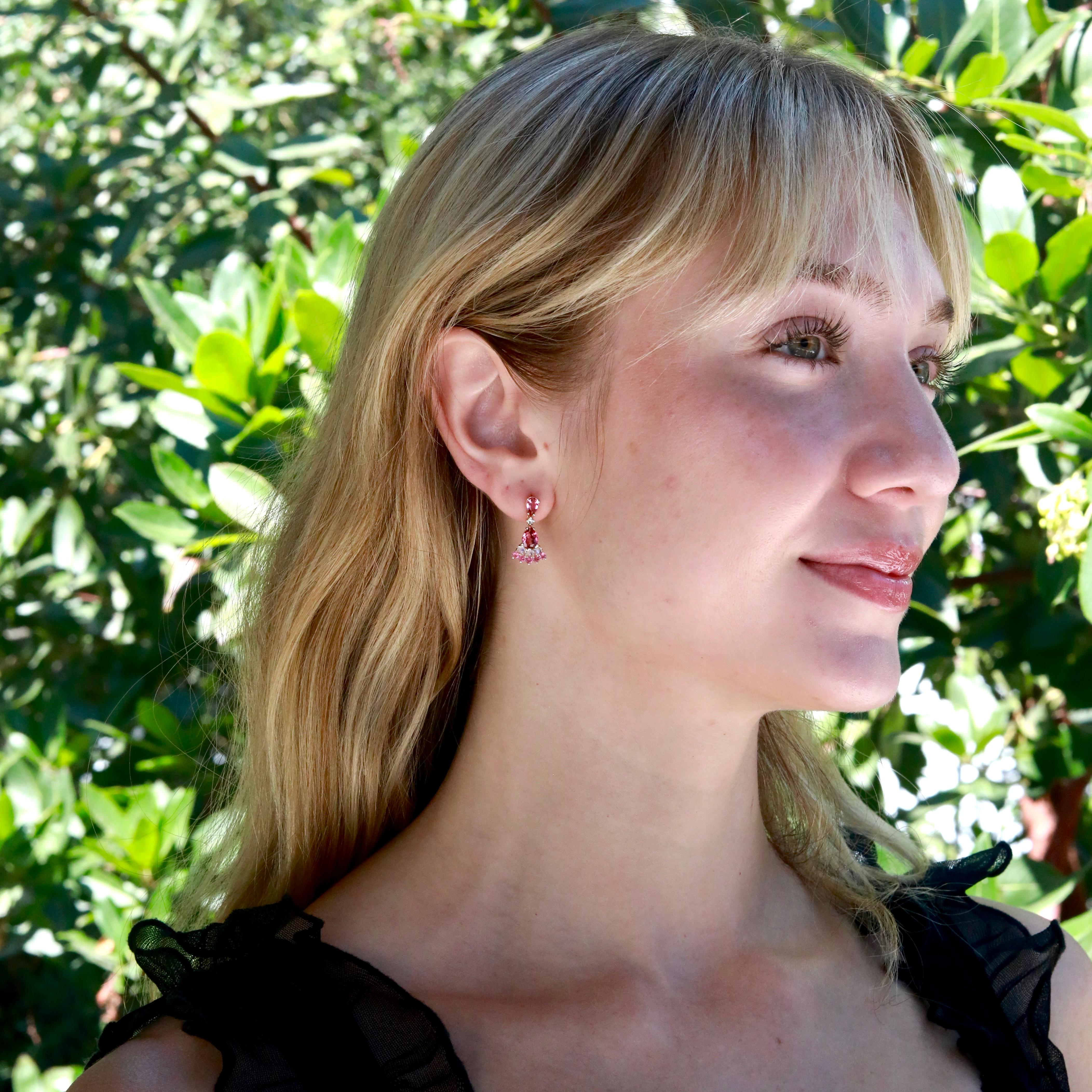 Brilliant Cut Nina Zhou 2.74ctw Pink Tourmaline, Moonstone & Diamond Drop Earrings For Sale
