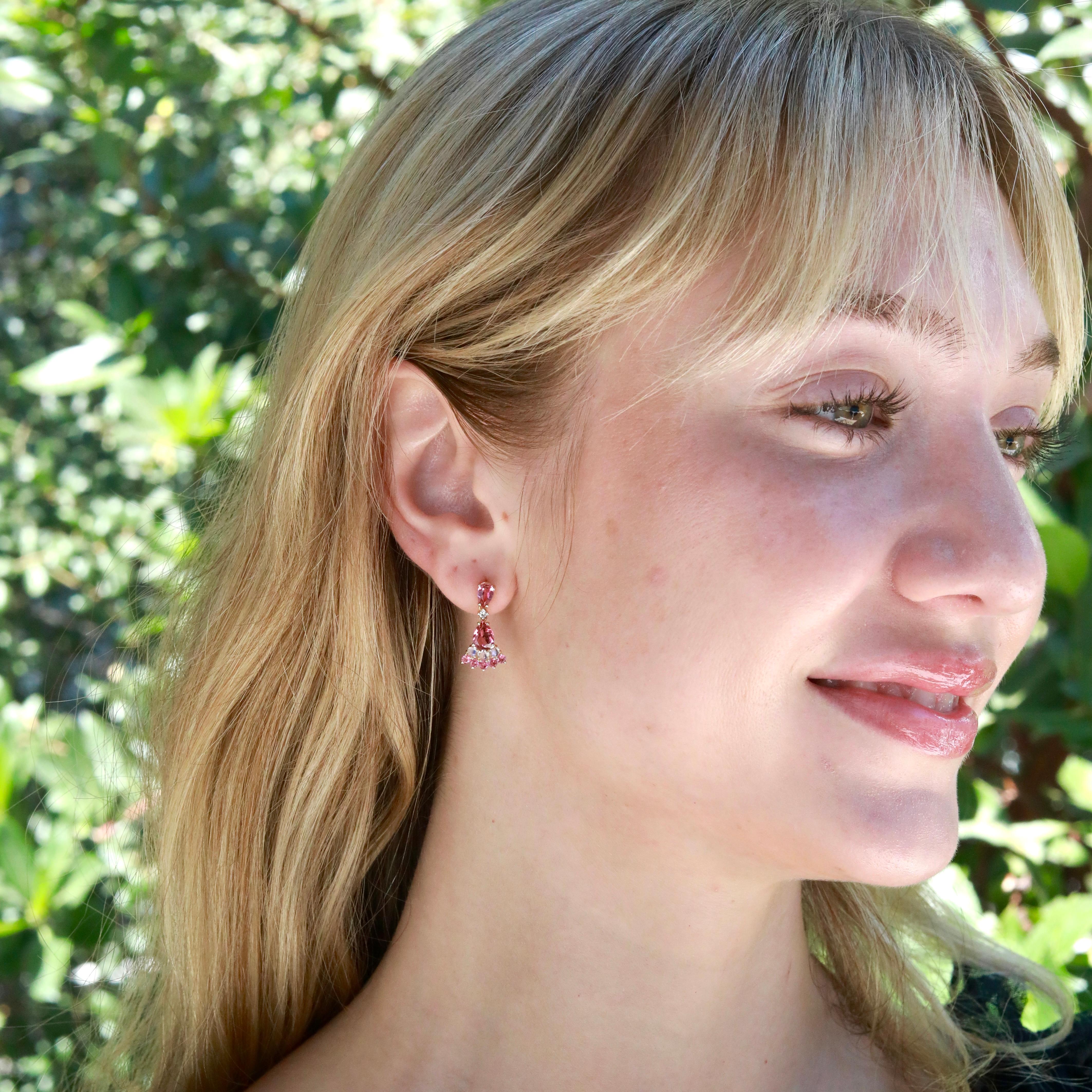 Nina Zhou 2.74ctw Pink Tourmaline, Moonstone & Diamond Drop Earrings In New Condition For Sale In Rowland Heights, CA
